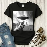 Alien UFO Funny Cat Selfie Women's T-Shirt thumb 3