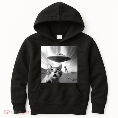Alien UFO Funny Cat Selfie Kids Hoodie