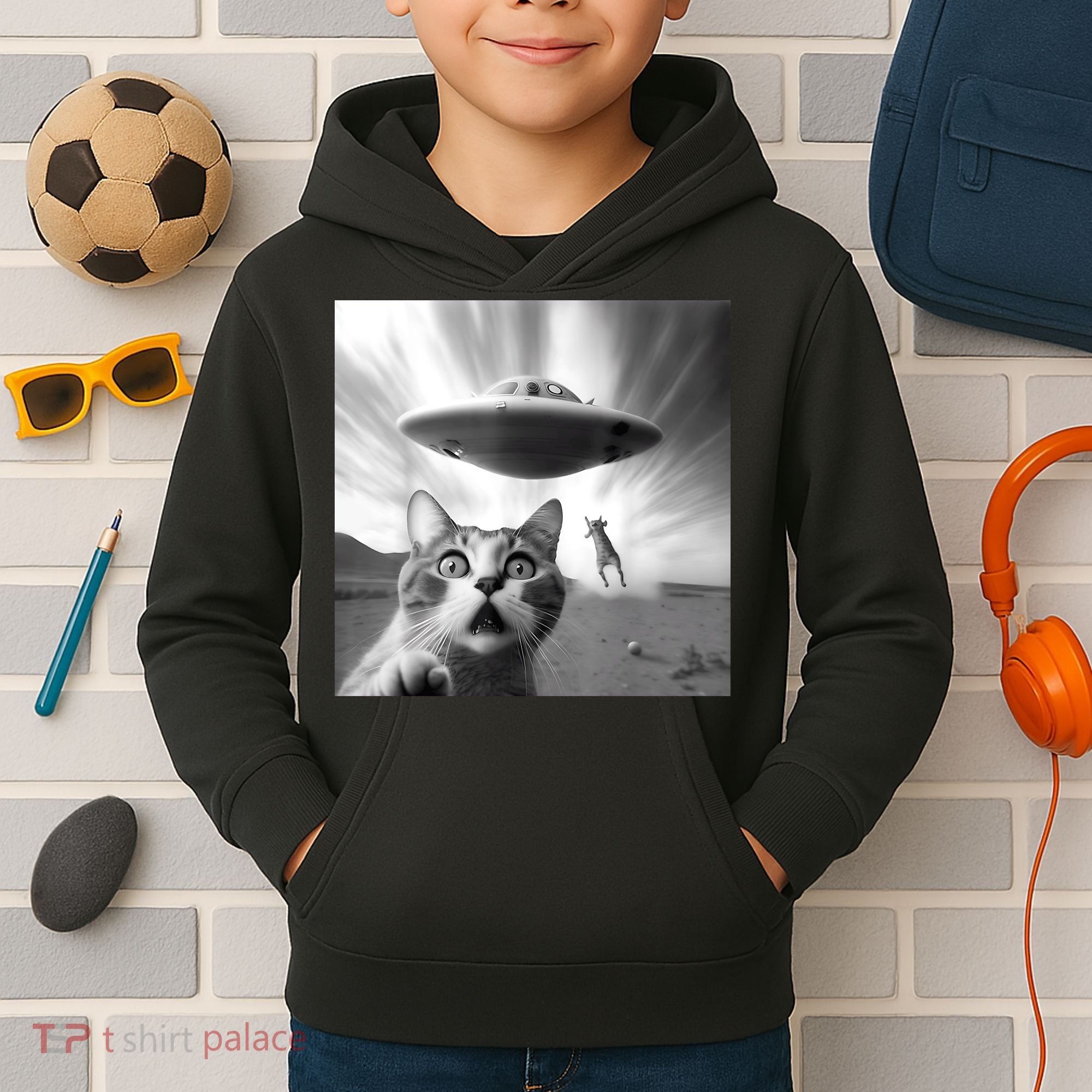 Alien UFO Funny Cat Selfie Kids Hoodie