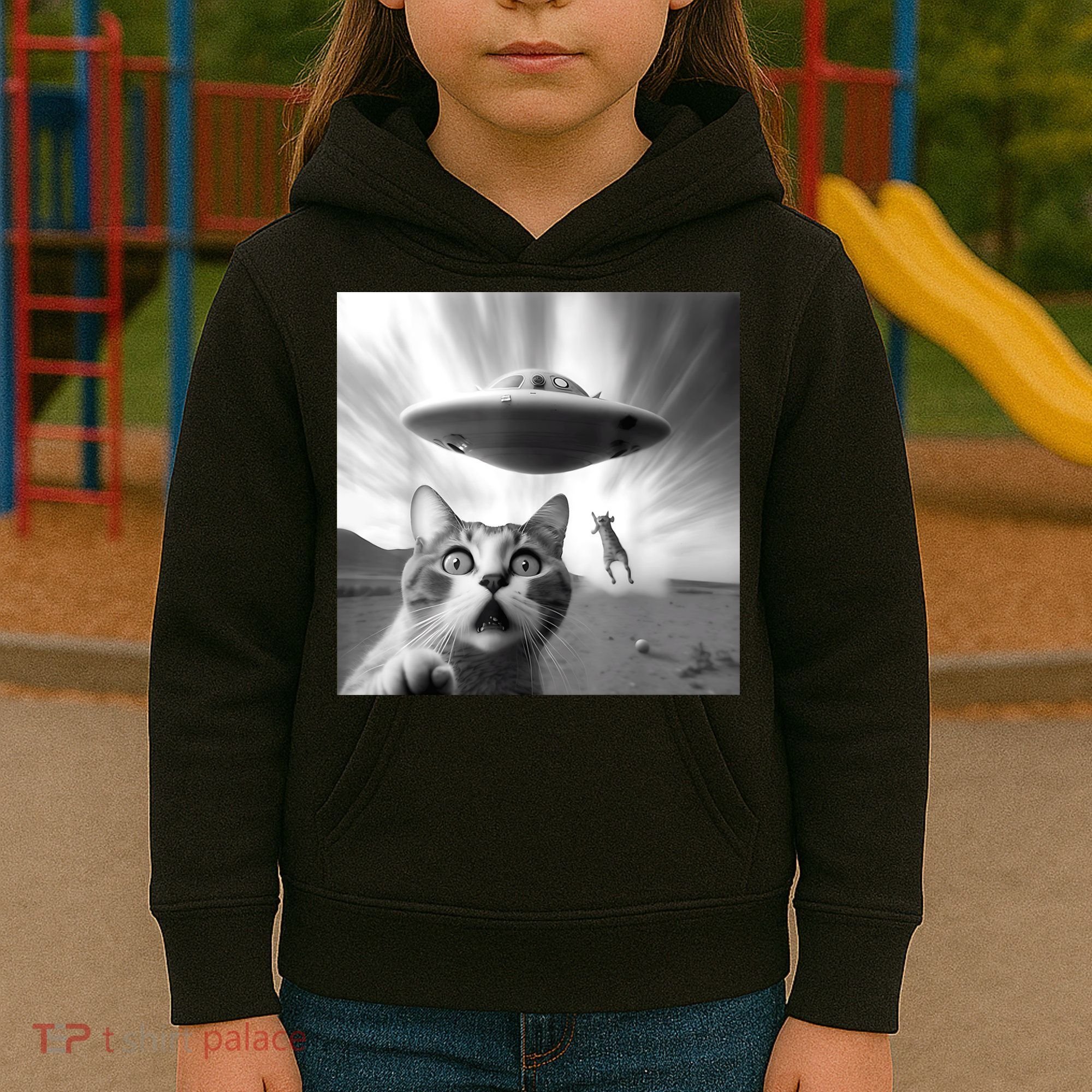Alien UFO Funny Cat Selfie Kids Hoodie