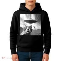 Alien UFO Funny Cat Selfie Kids Hoodie thumb 4