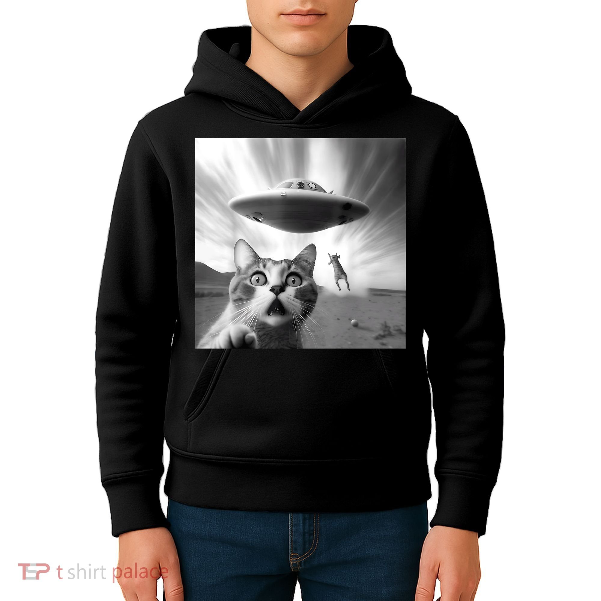 Alien UFO Funny Cat Selfie Kids Hoodie