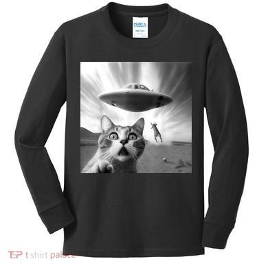Alien UFO Funny Cat Selfie Kids Long Sleeve Shirt