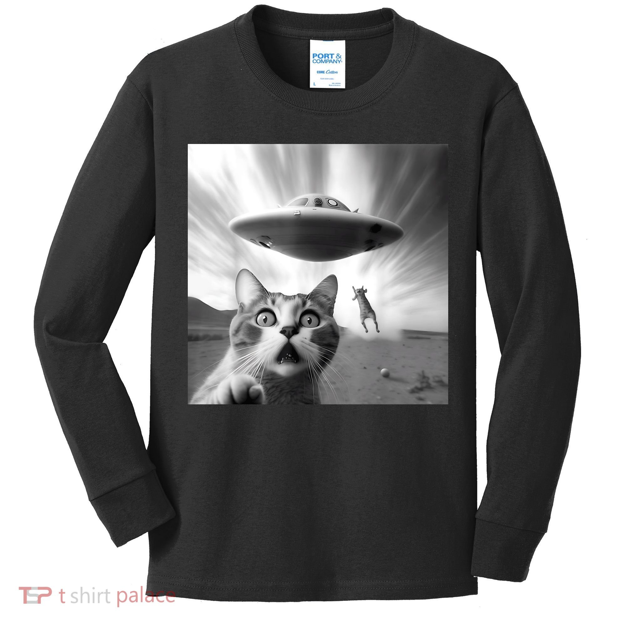Alien UFO Funny Cat Selfie Kids Long Sleeve Shirt
