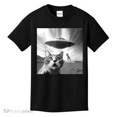 Alien UFO Funny Cat Selfie Kids T-Shirt