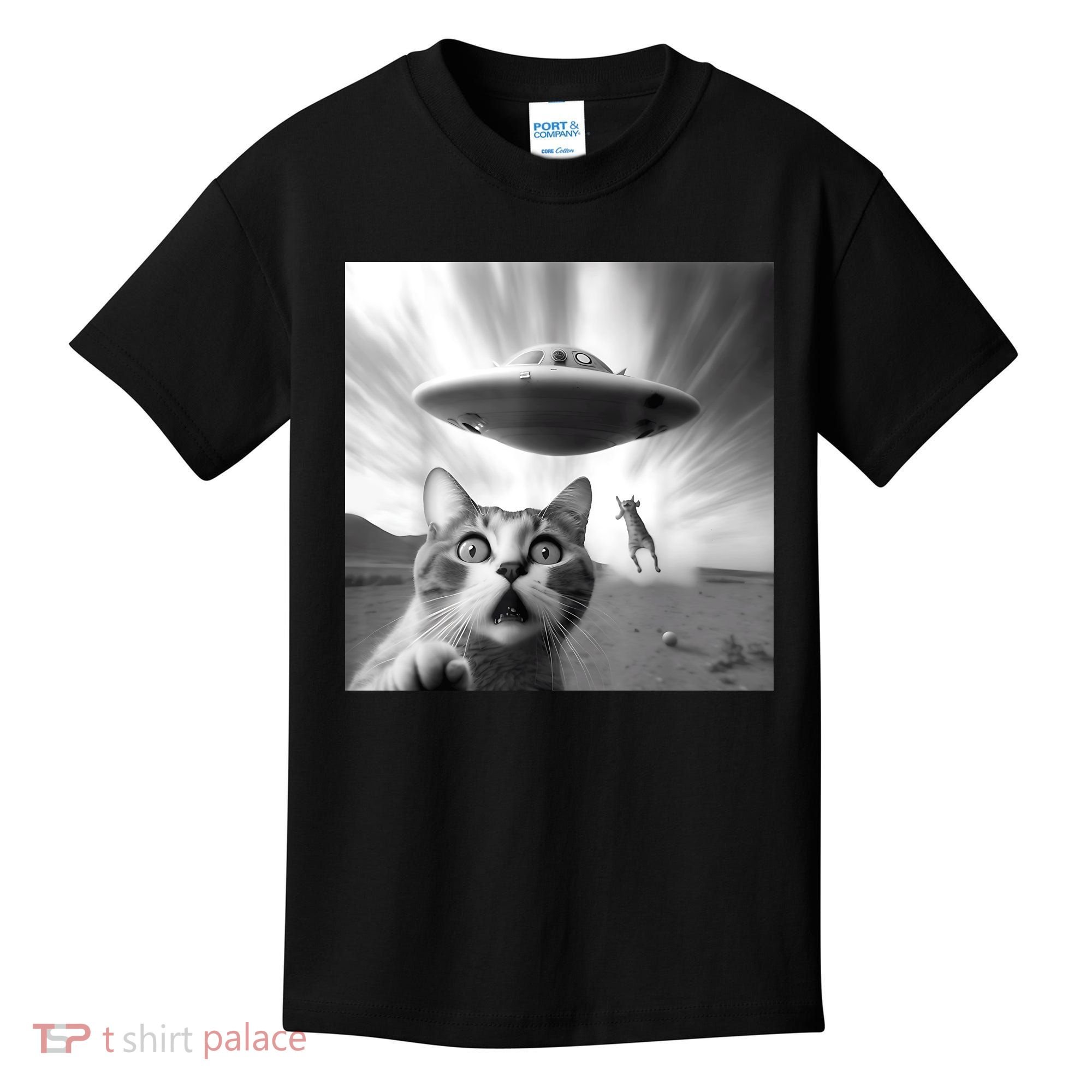 Alien UFO Funny Cat Selfie Kids T-Shirt
