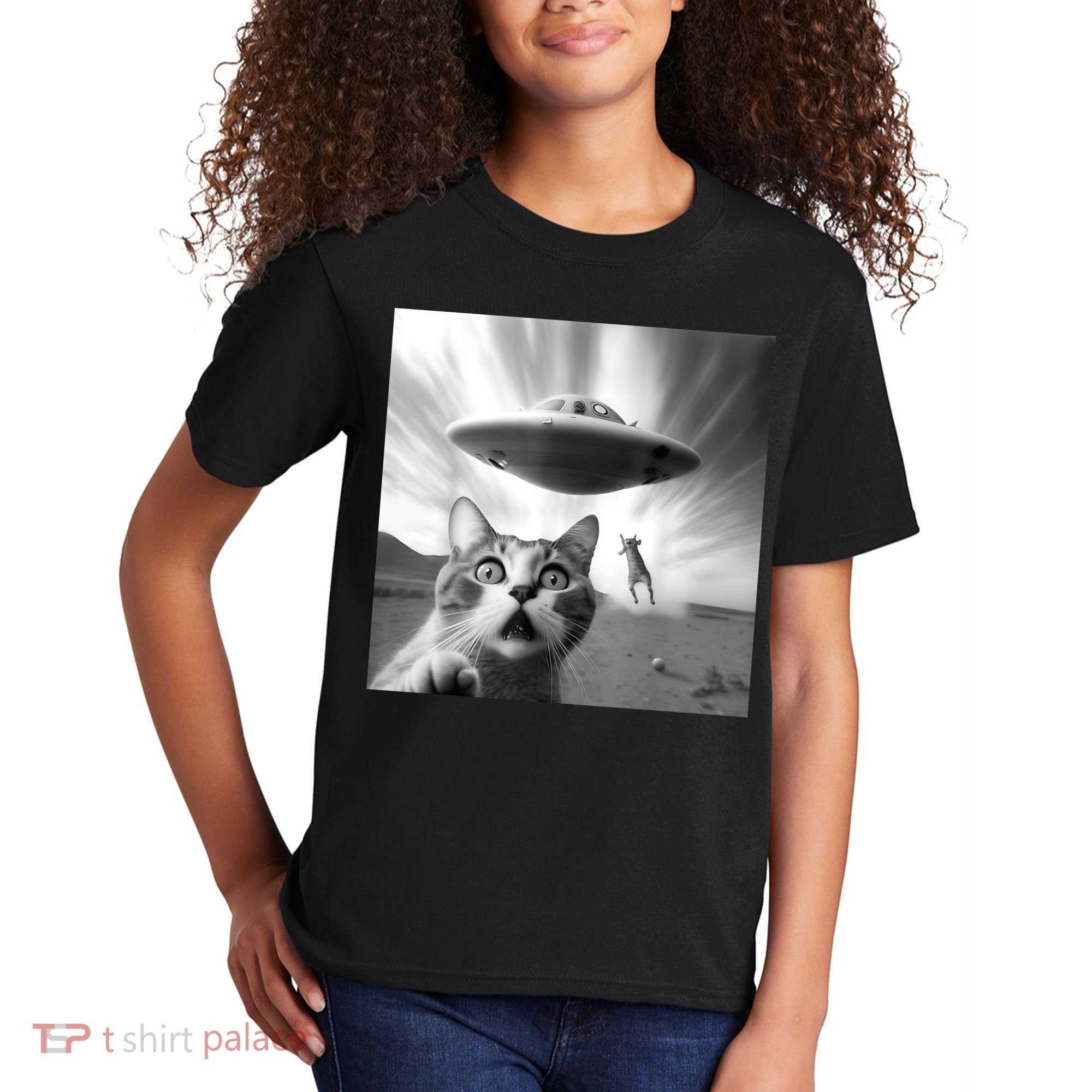 Alien UFO Funny Cat Selfie Kids T-Shirt