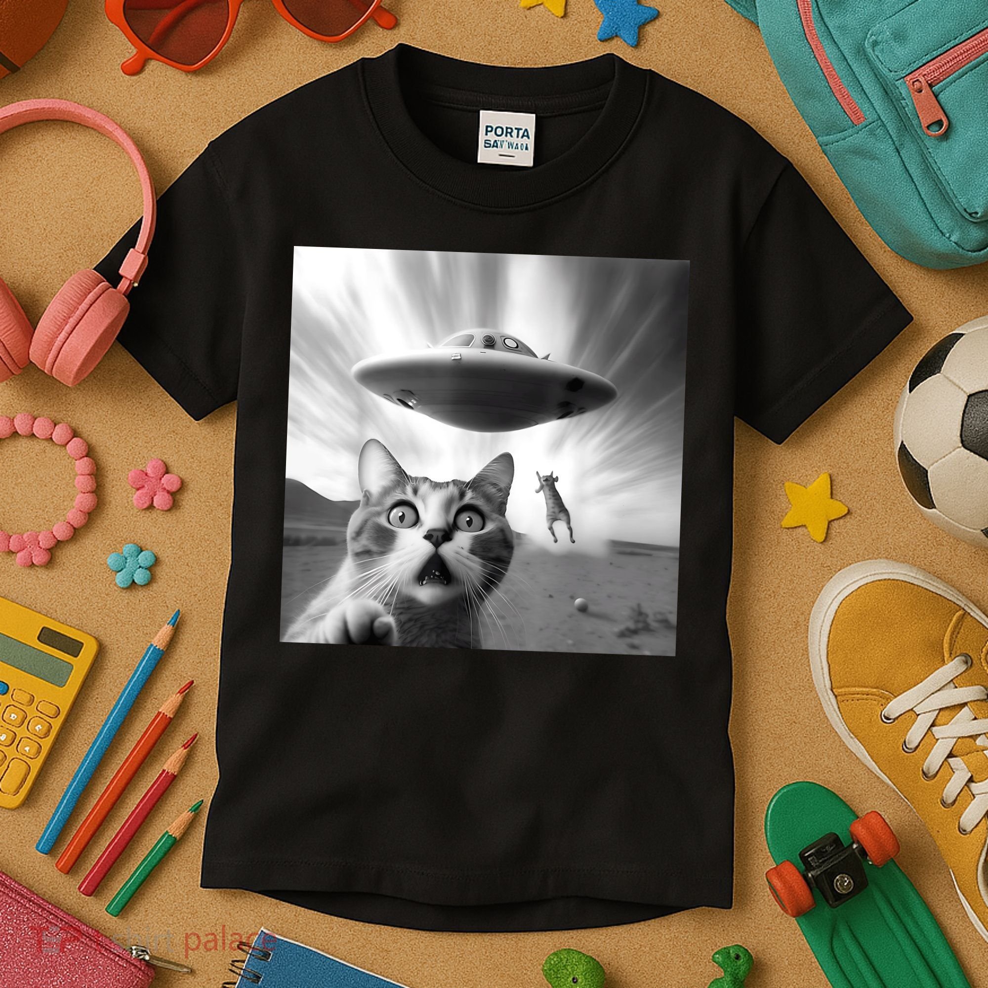 Alien UFO Funny Cat Selfie Kids T-Shirt