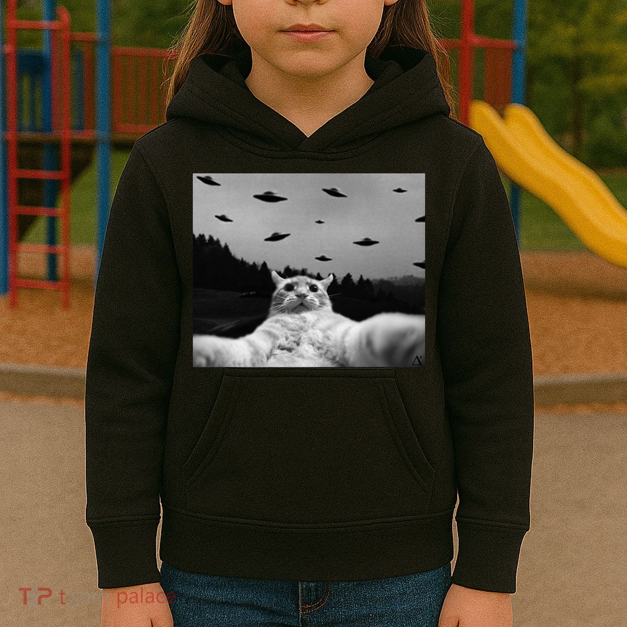 Alien UFO Funny Cat Kids Hoodie