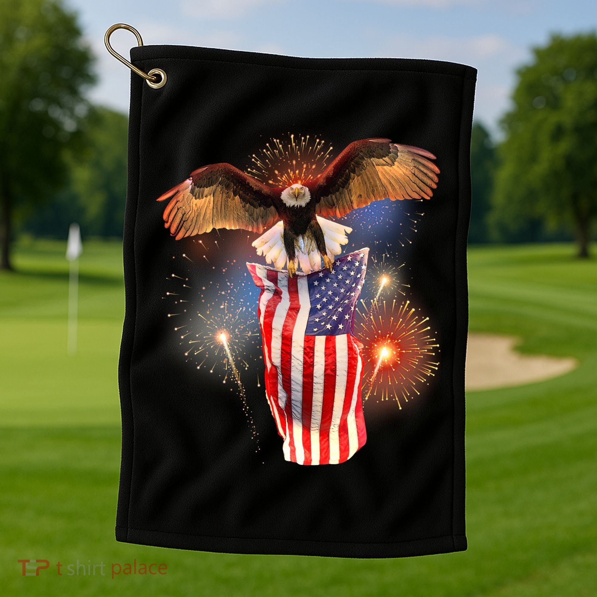 America USA Flag Eagle Fireworks Golf Towel