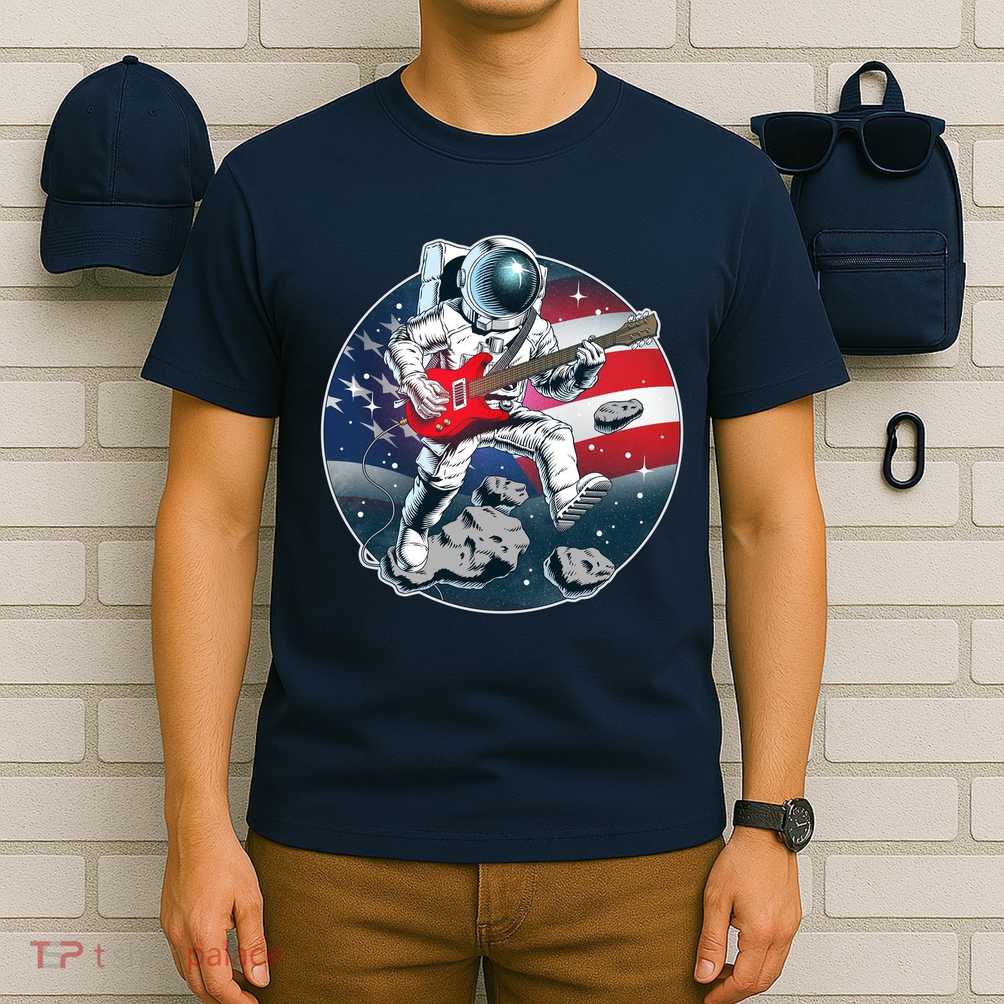 American USA Flag Rocking Space Astronaut T-Shirt