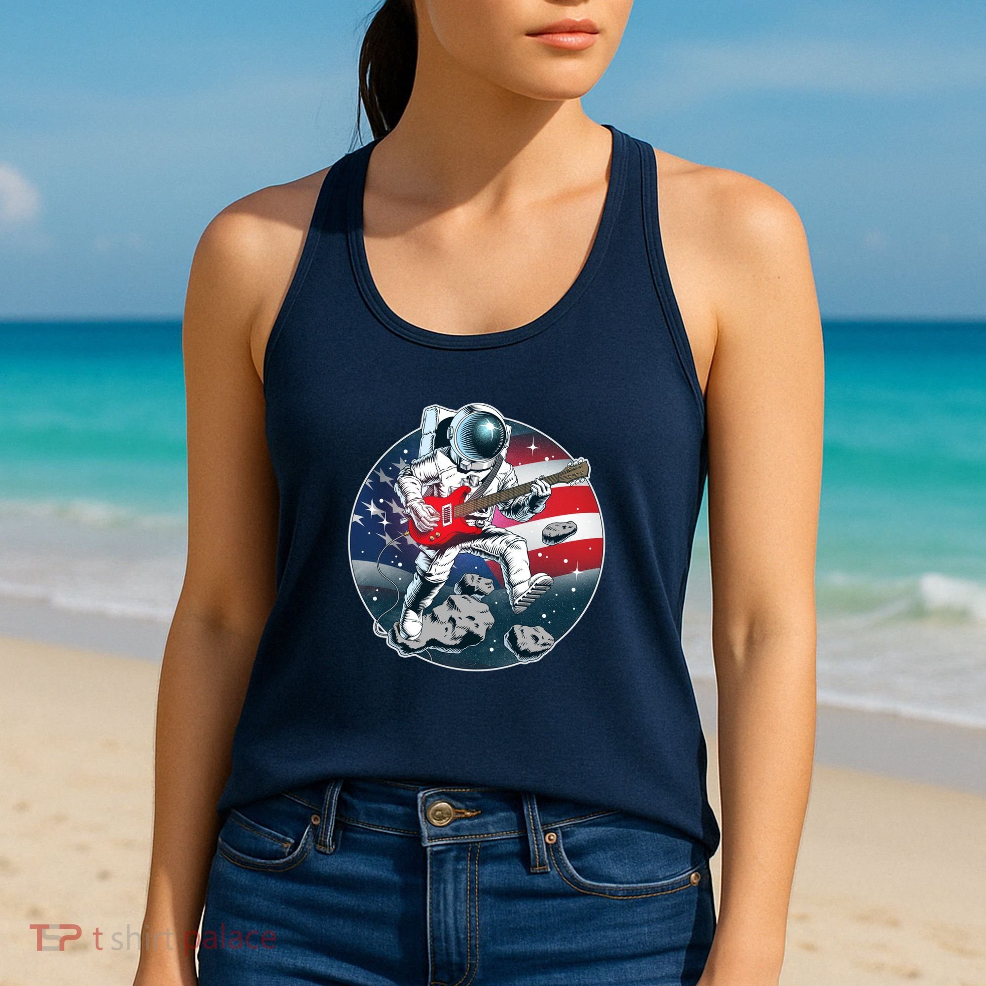 American USA Flag Rocking Space Astronaut Women's Tank Top