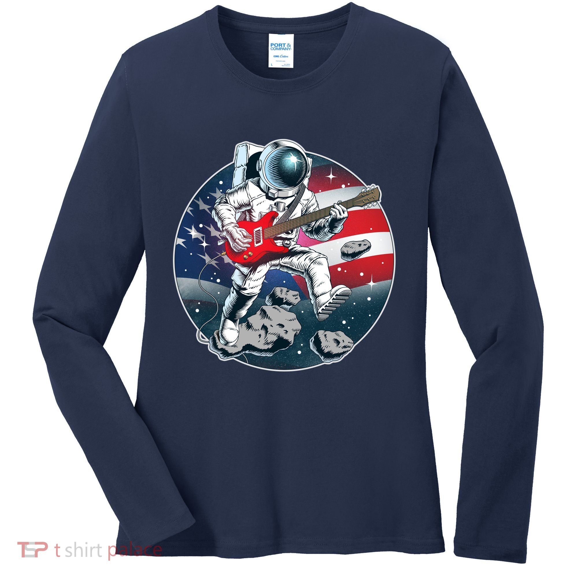 American USA Flag Rocking Space Astronaut Women's Long Sleeve Shirt