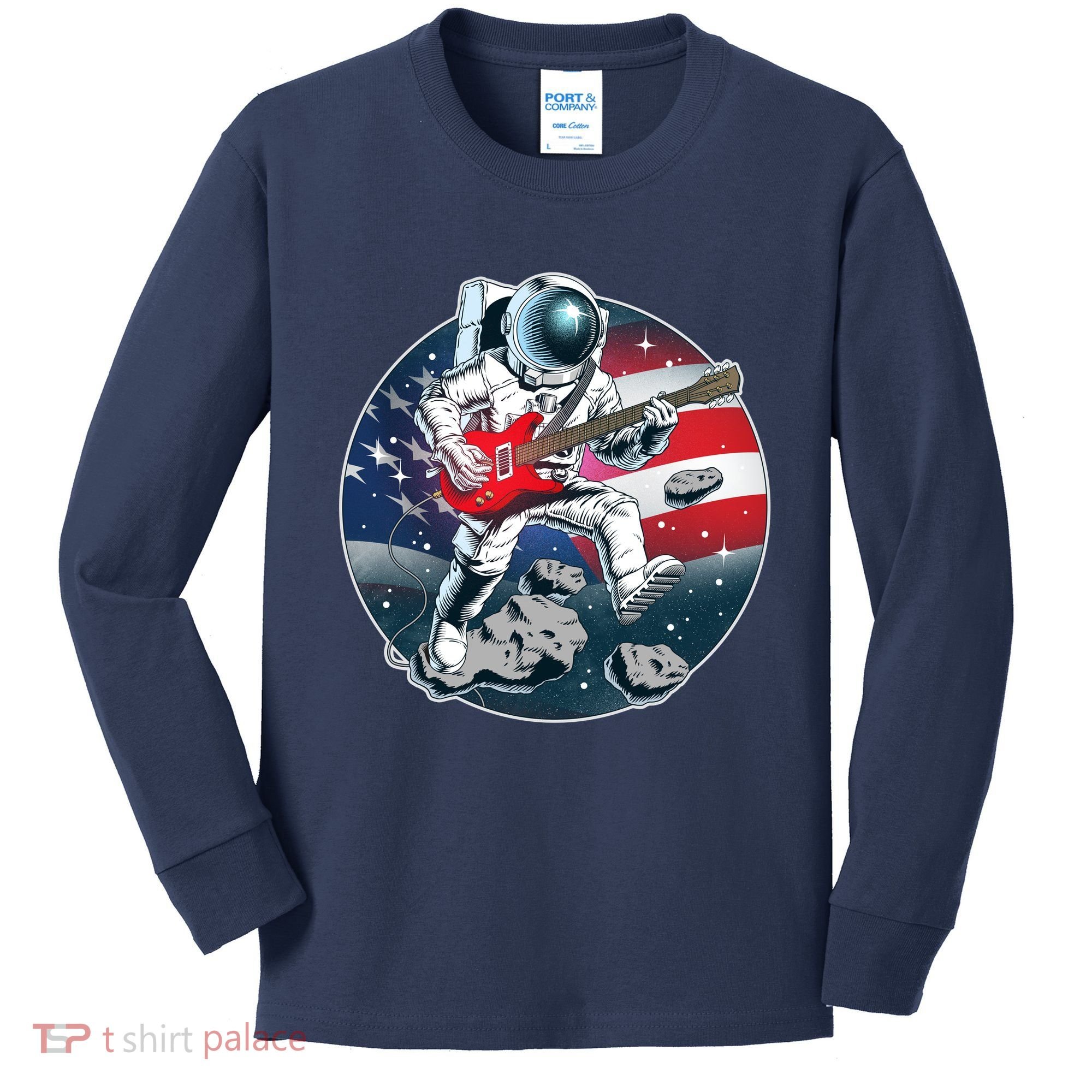 American USA Flag Rocking Space Astronaut Kids Long Sleeve Shirt