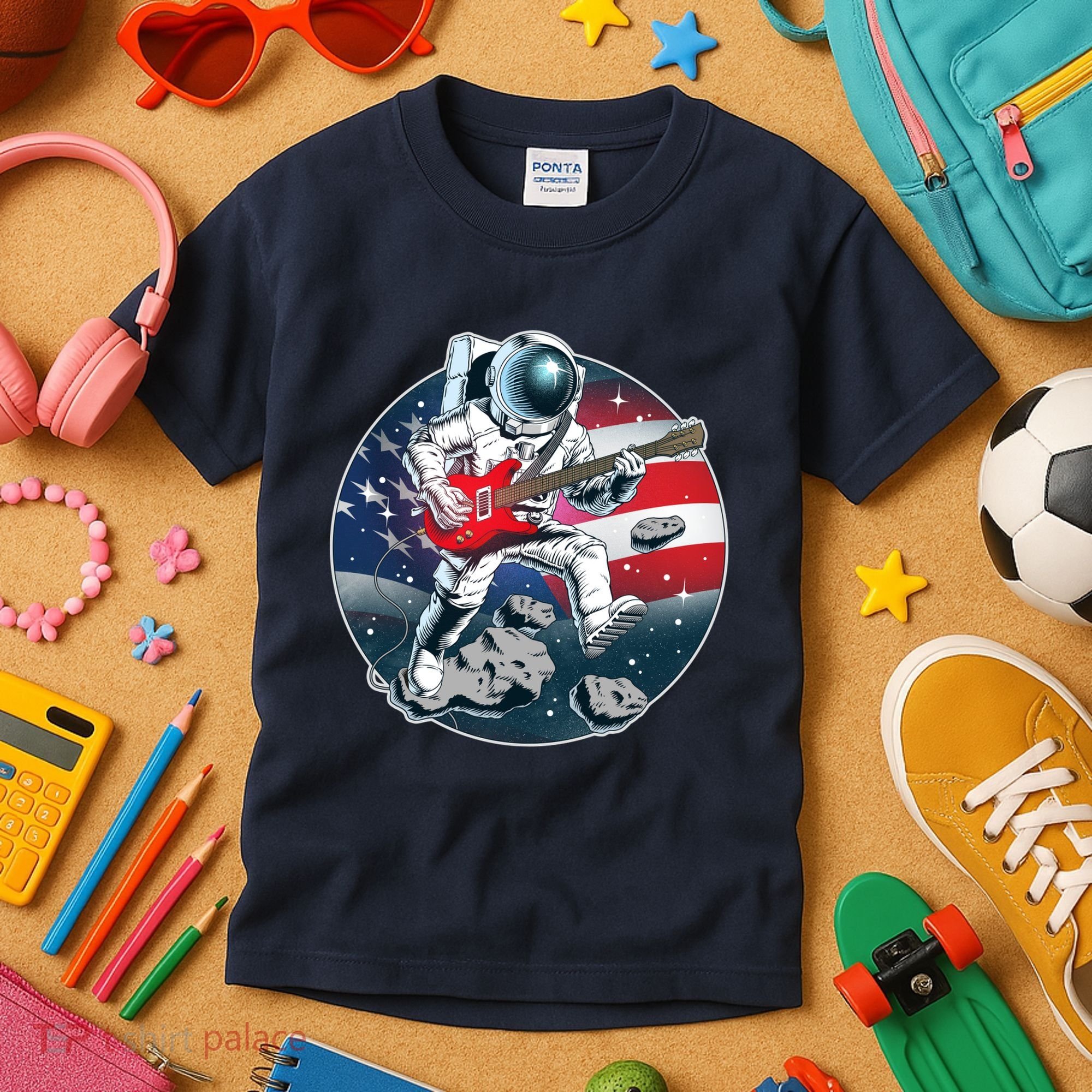 American USA Flag Rocking Space Astronaut Kids T-Shirt