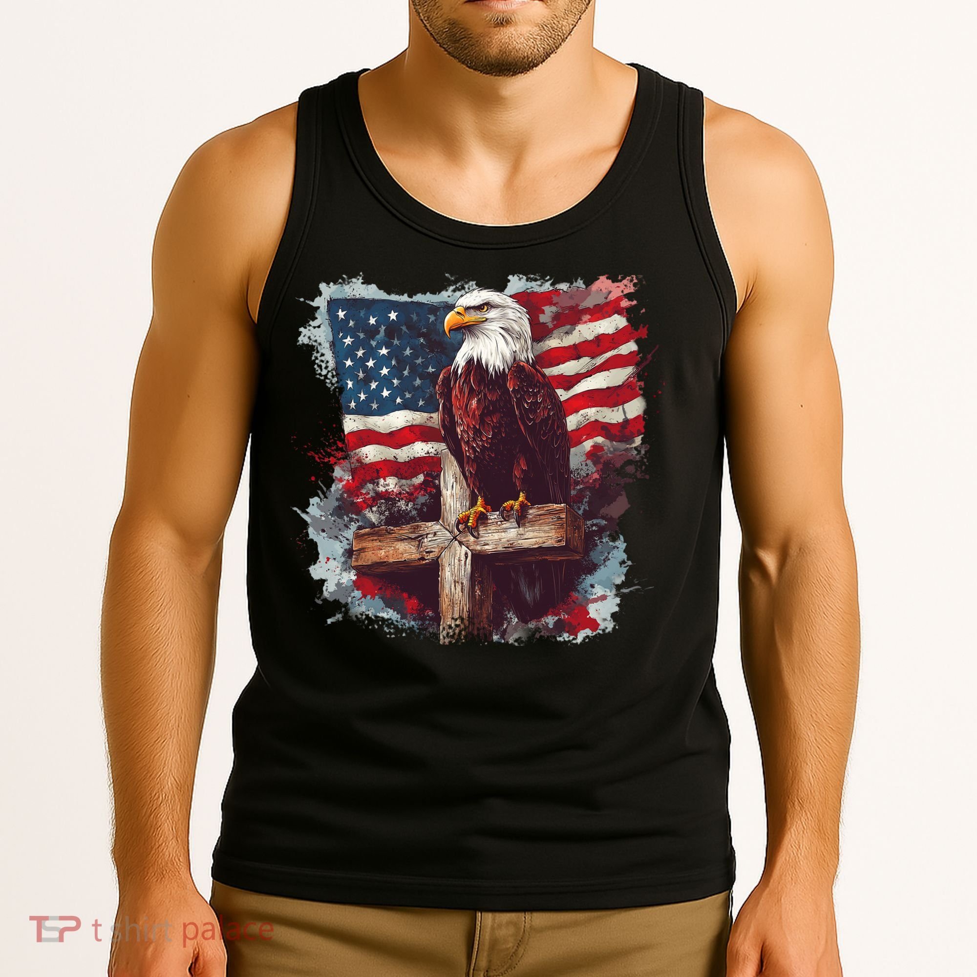 American USA Flag Christian Cross Eagle Tank Top