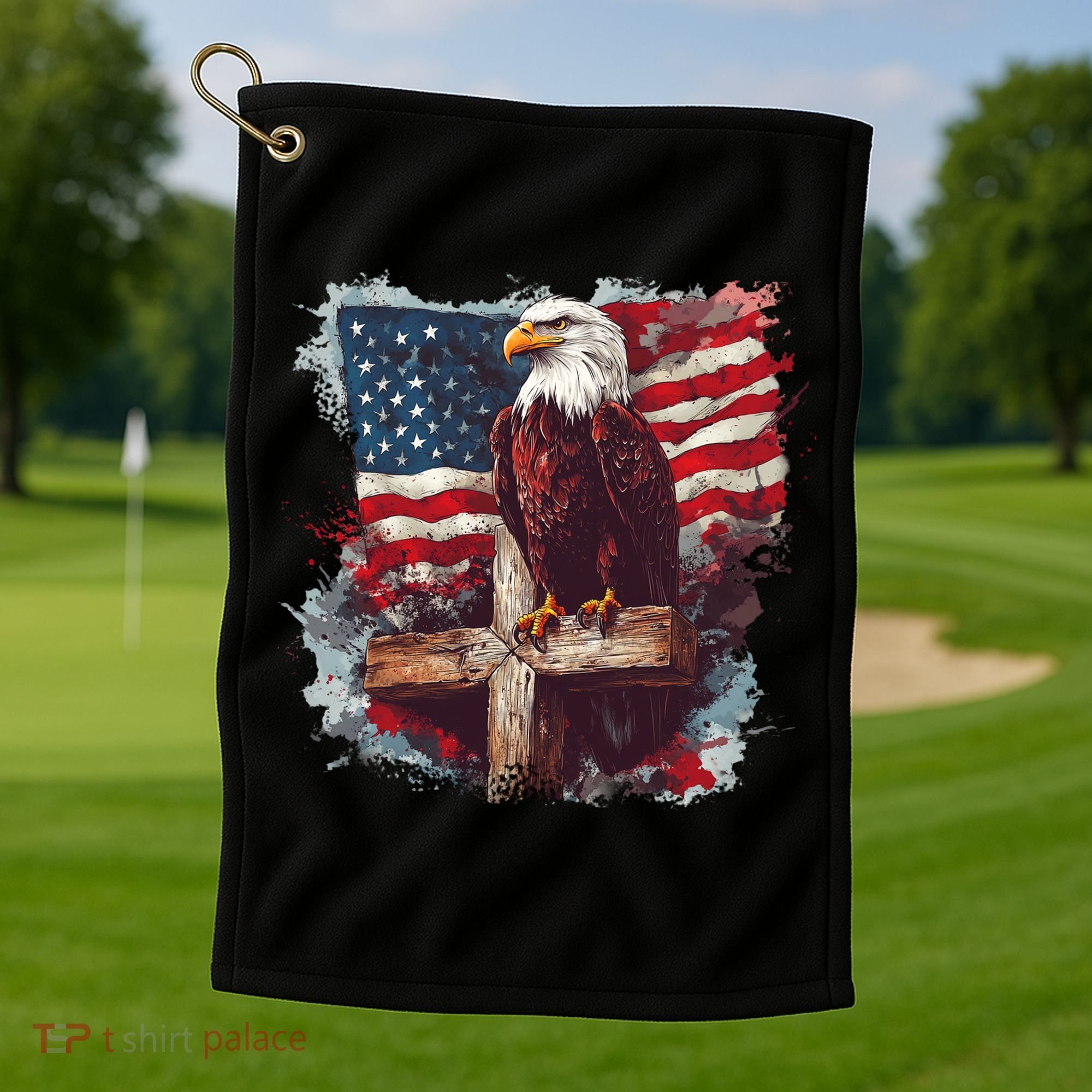 American USA Flag Christian Cross Eagle Golf Towel