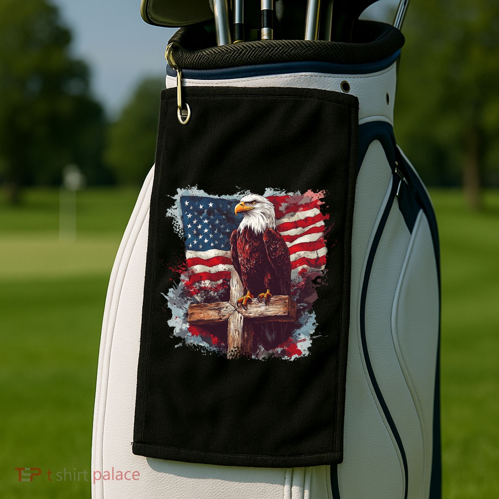 American USA Flag Christian Cross Eagle Golf Towel