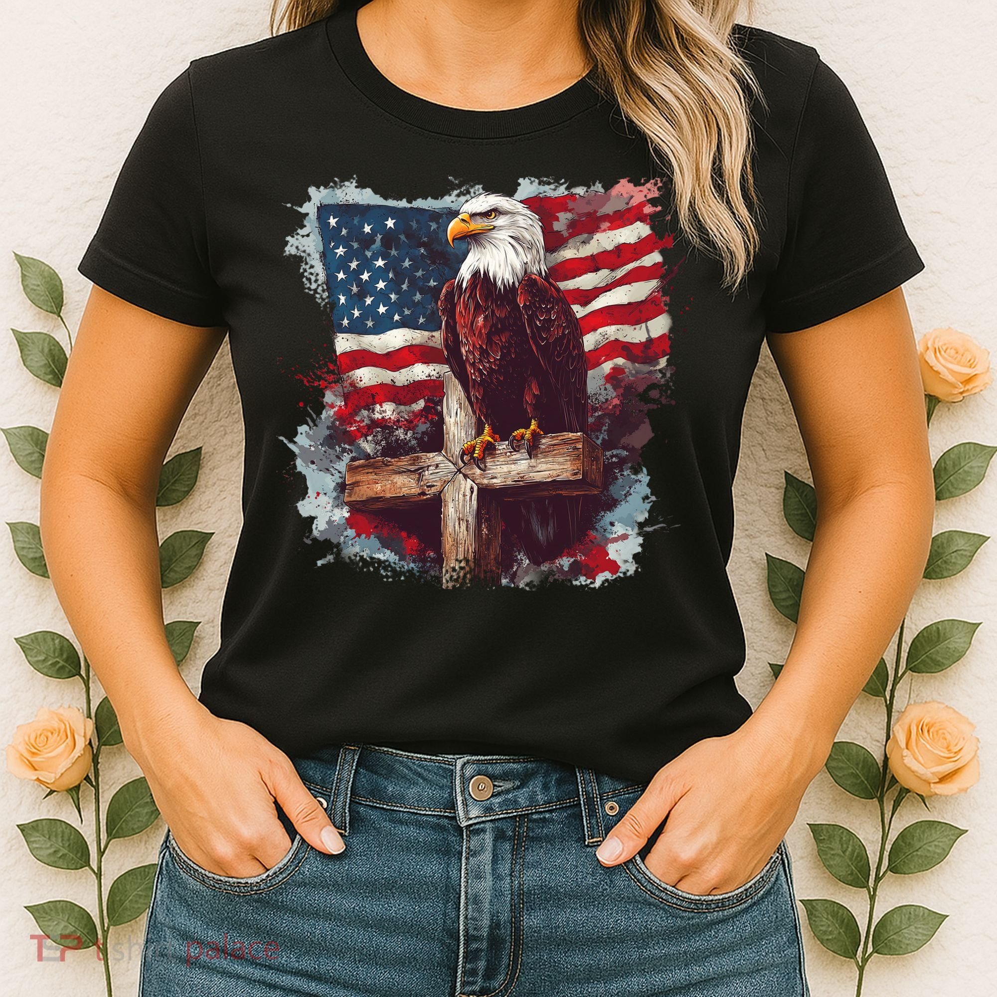 American USA Flag Christian Cross Eagle Women's T-Shirt