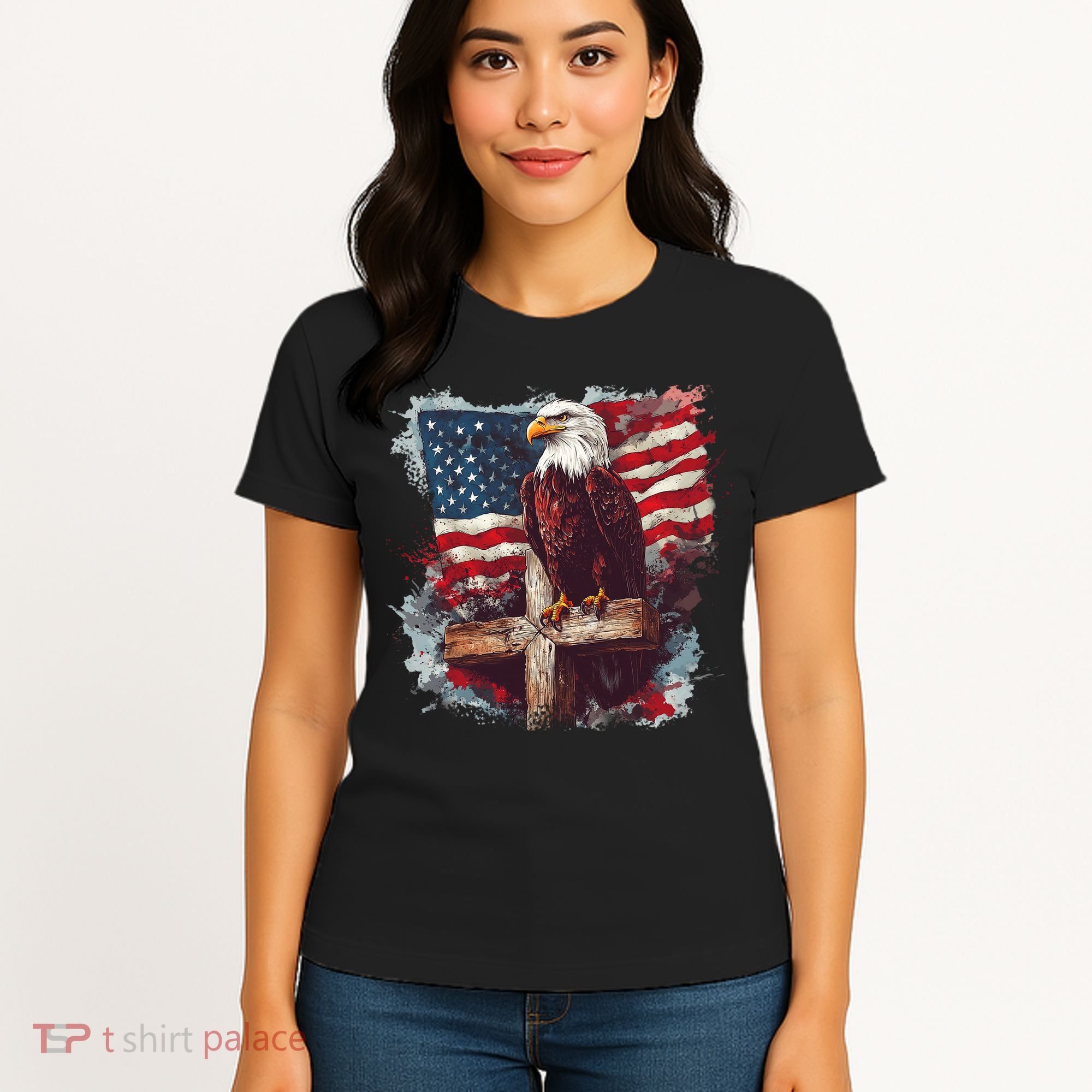 American USA Flag Christian Cross Eagle Women's T-Shirt