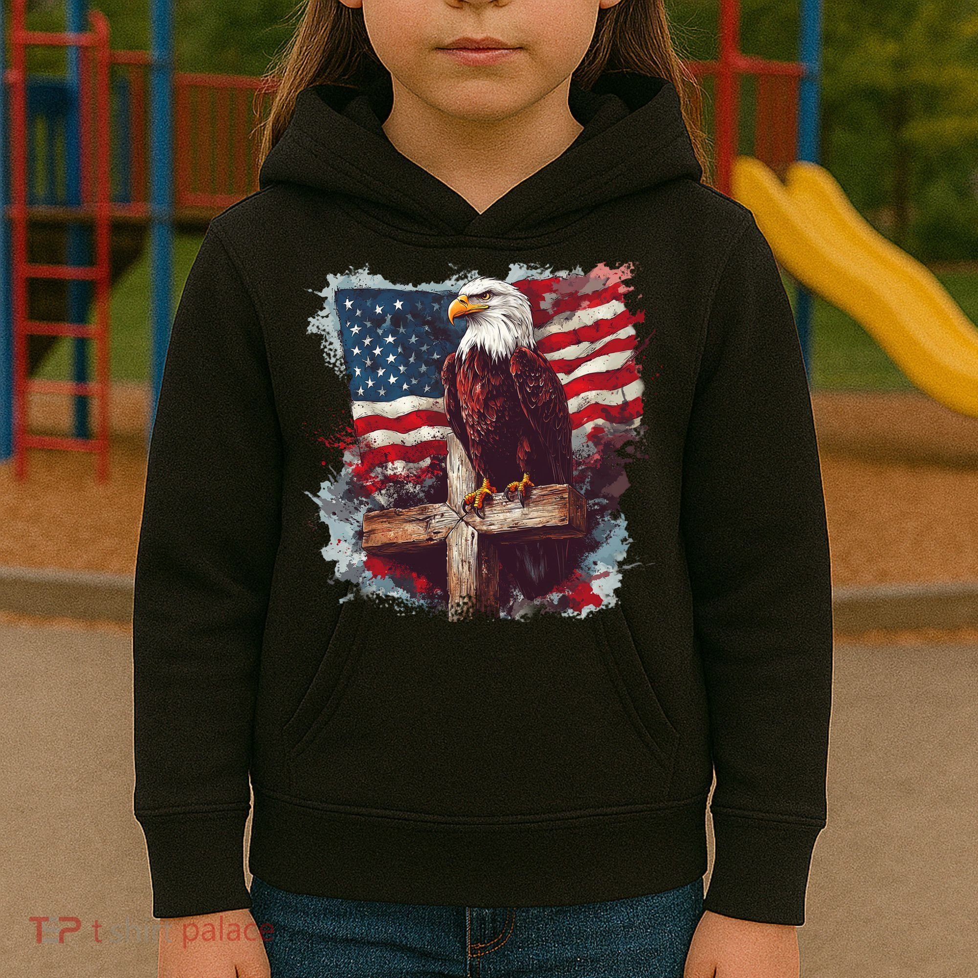 American USA Flag Christian Cross Eagle Kids Hoodie