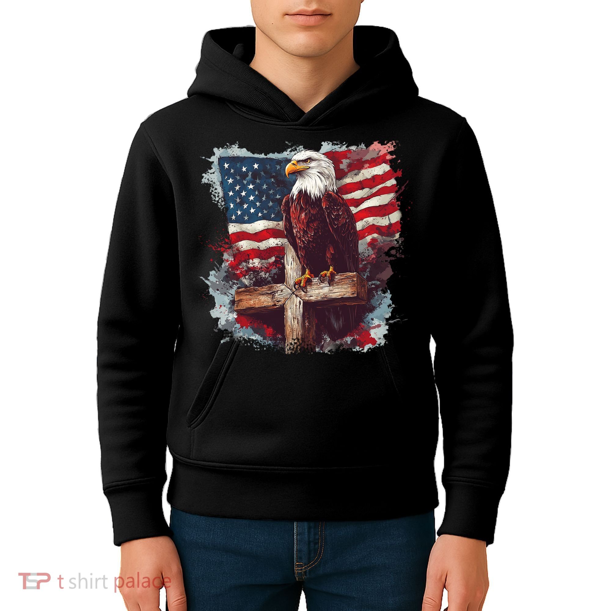 American USA Flag Christian Cross Eagle Kids Hoodie