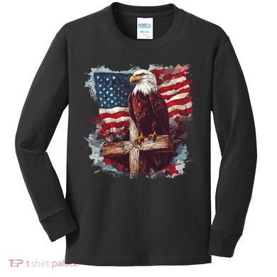 American USA Flag Christian Cross Eagle Kids Long Sleeve Shirt