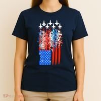 American Usa Flag Fireworks Fighter Jets T-Shirt thumb 4