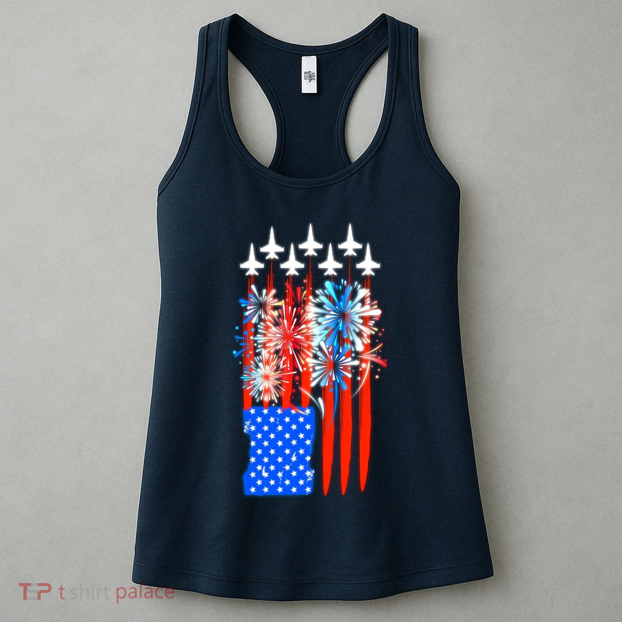 American Usa Flag Fireworks Fighter Jets Women's Tank Top
