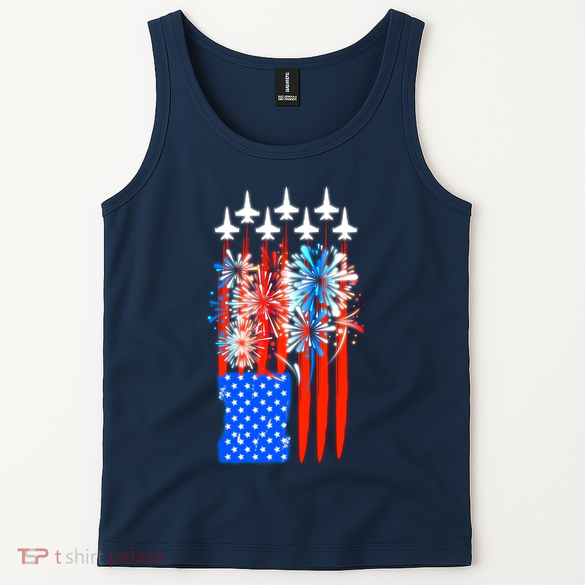 American Usa Flag Fireworks Fighter Jets Tank Top
