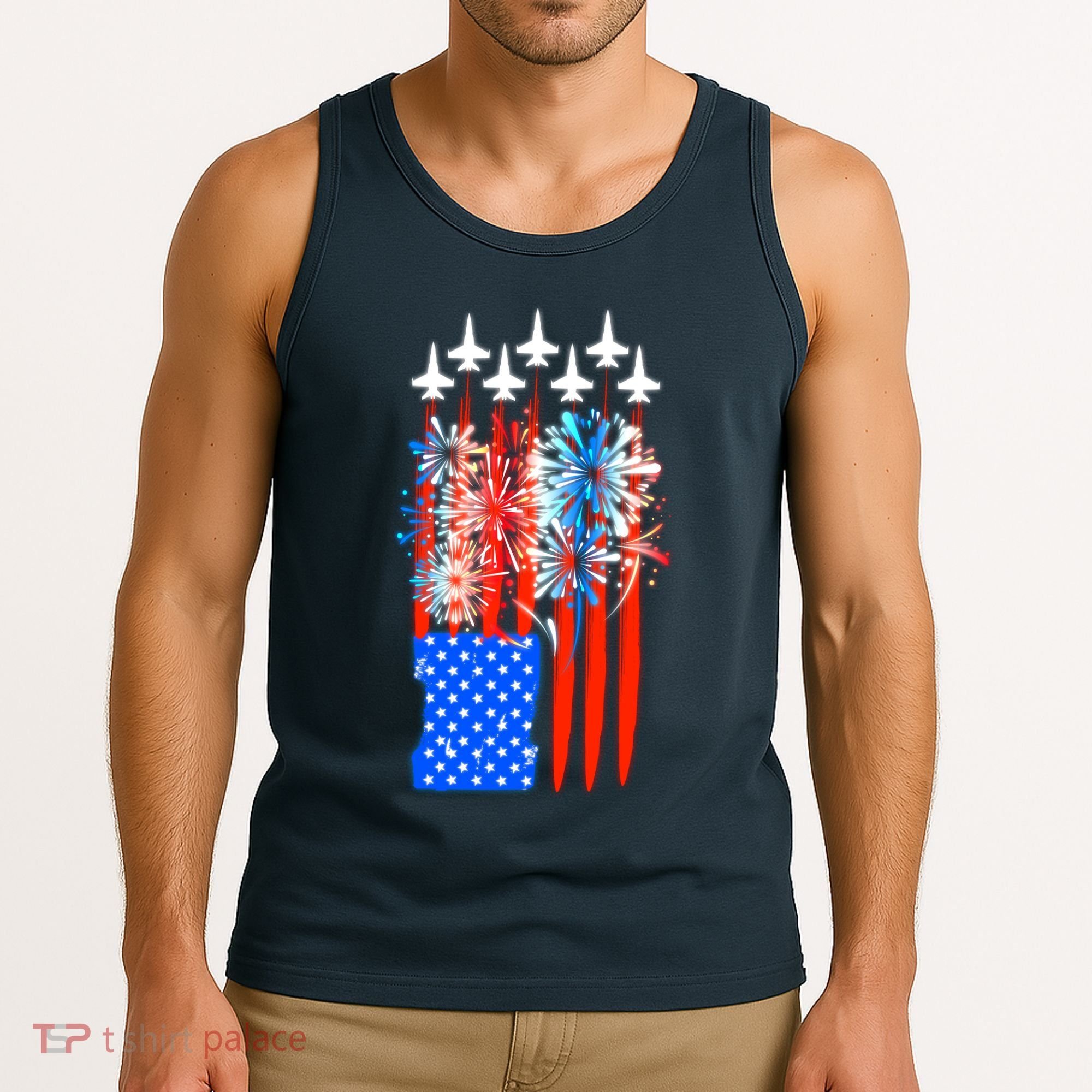 American Usa Flag Fireworks Fighter Jets Tank Top
