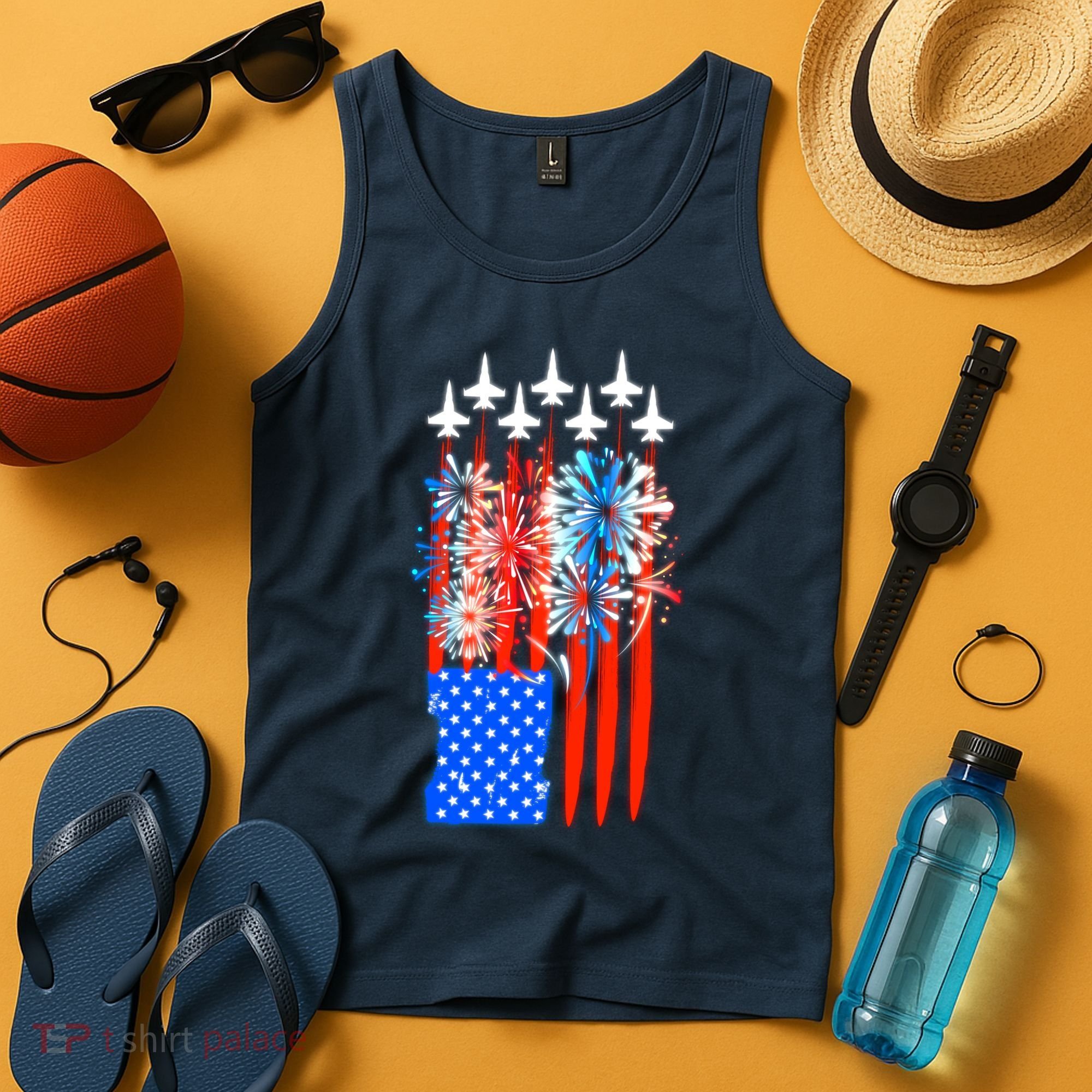 American Usa Flag Fireworks Fighter Jets Tank Top