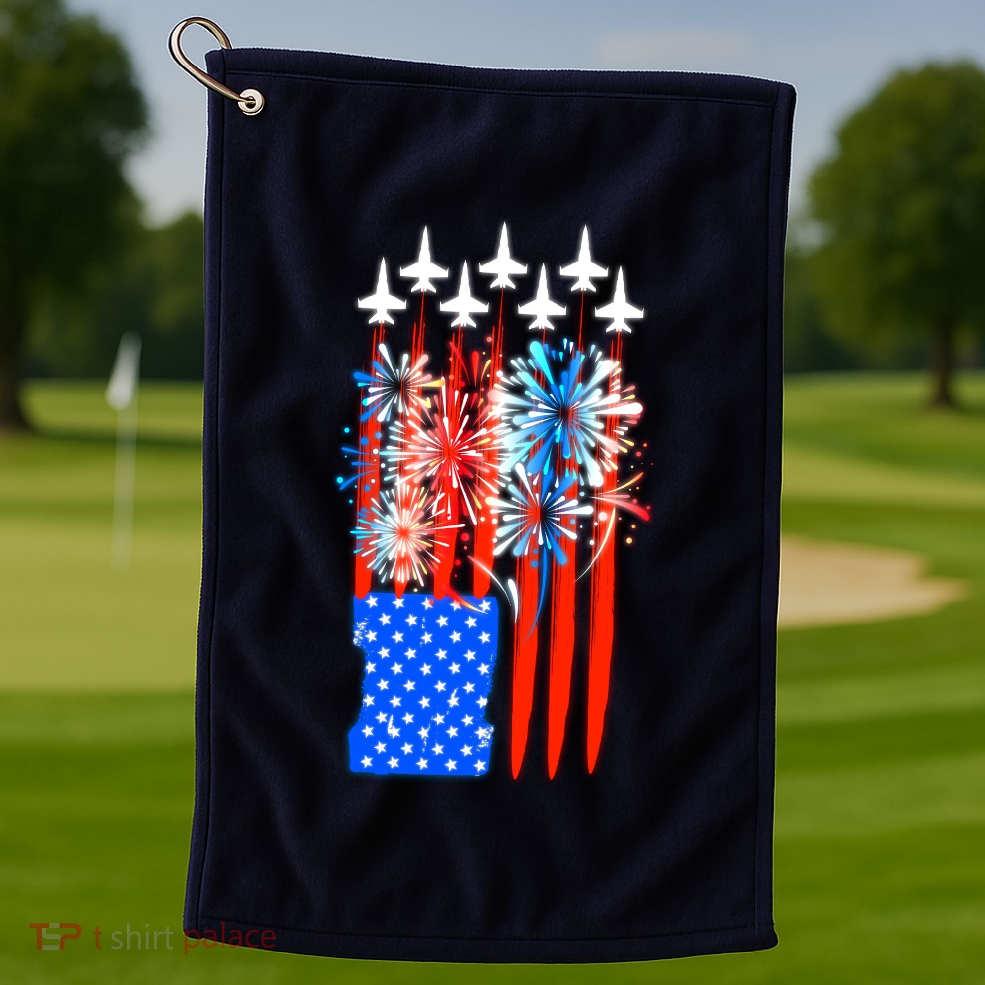 American Usa Flag Fireworks Fighter Jets Golf Towel