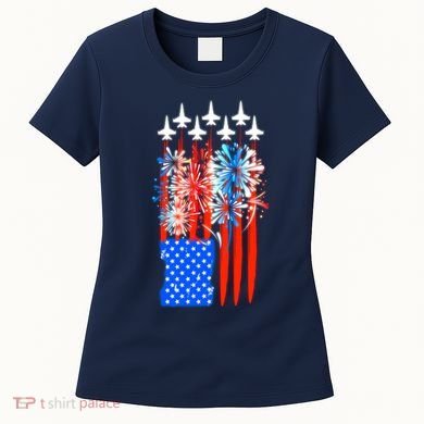 American Usa Flag Fireworks Fighter Jets Women's T-Shirt