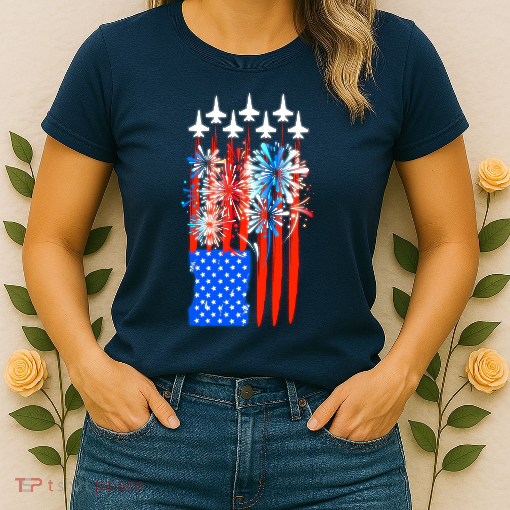 American Usa Flag Fireworks Fighter Jets Women's T-Shirt