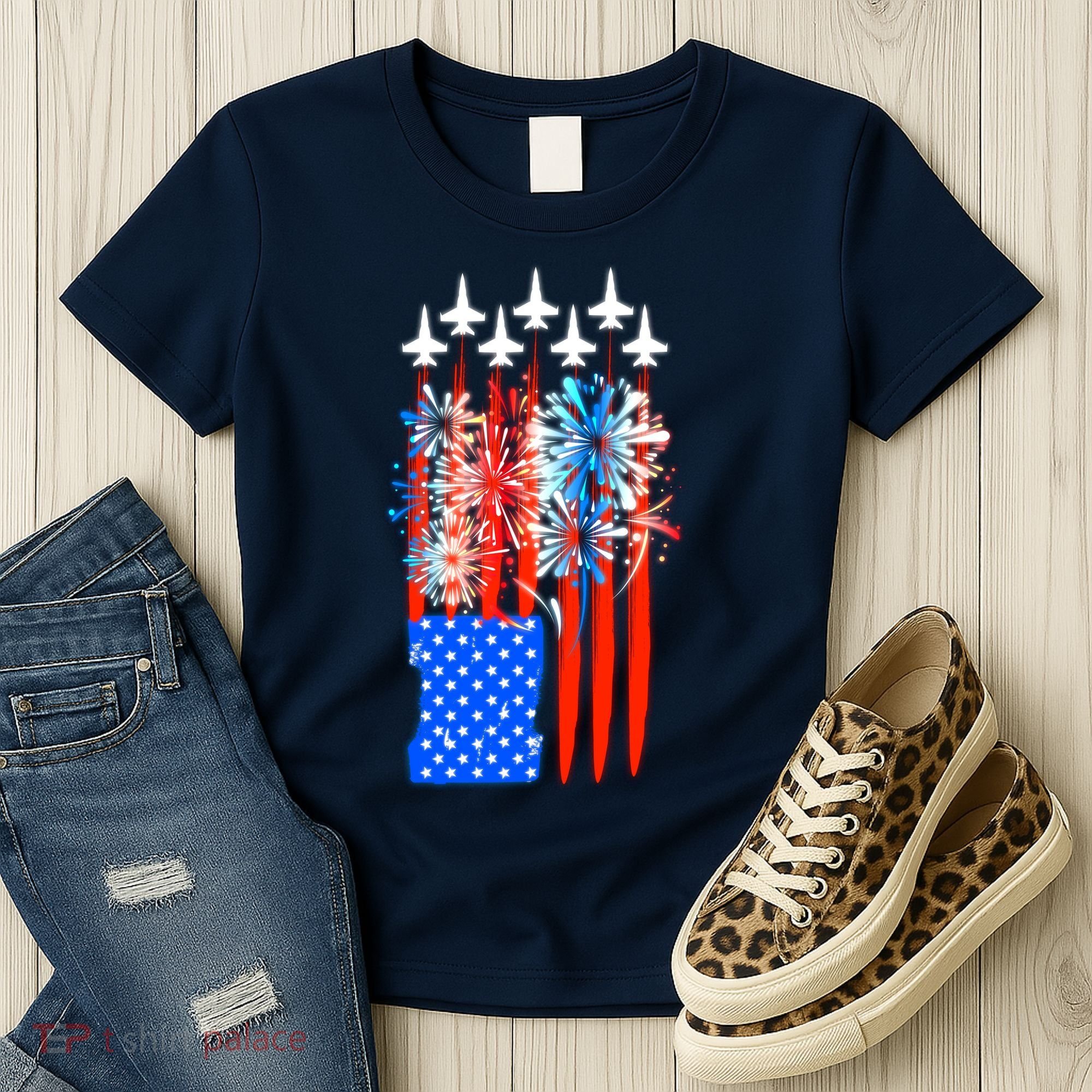 American Usa Flag Fireworks Fighter Jets Women's T-Shirt