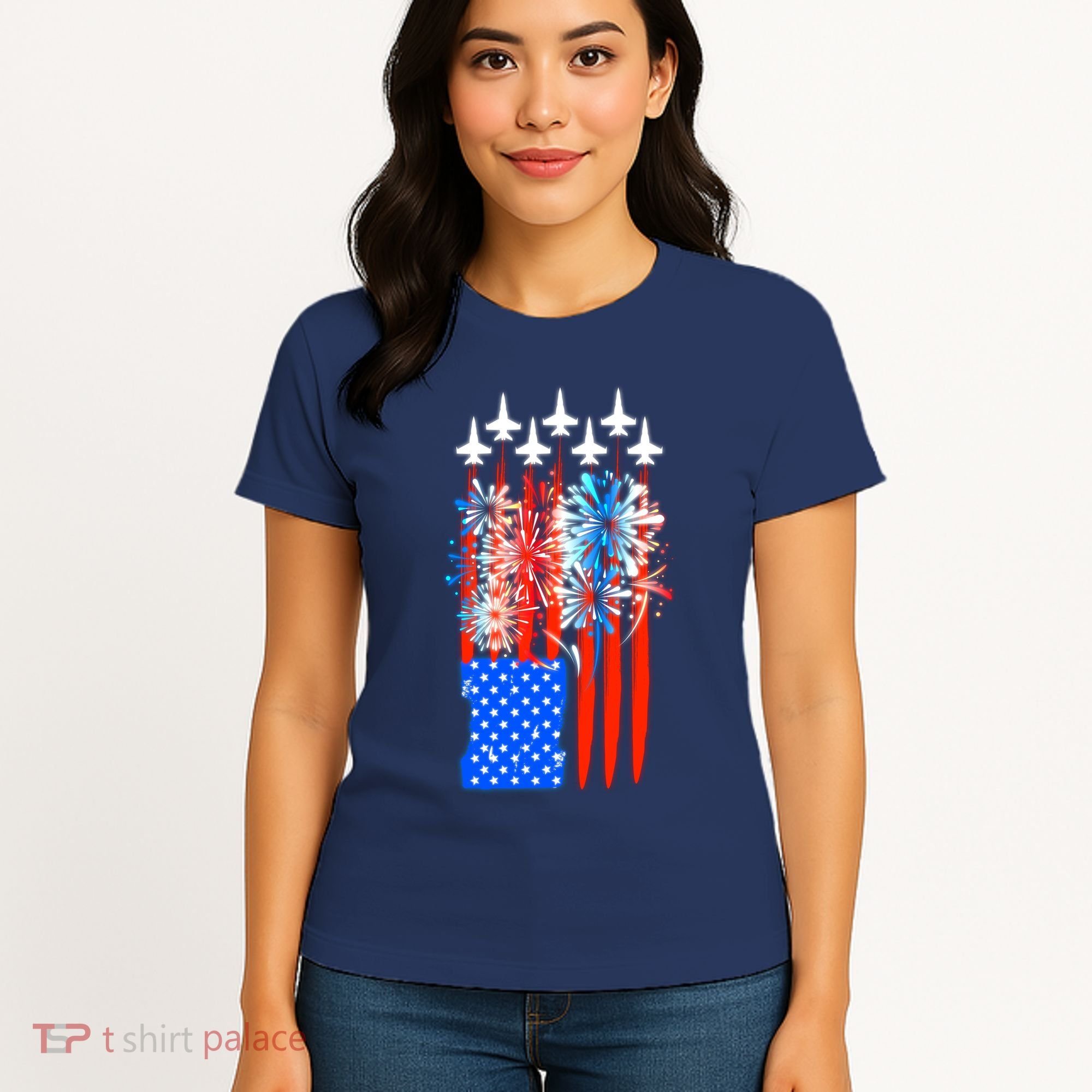 American Usa Flag Fireworks Fighter Jets Women's T-Shirt