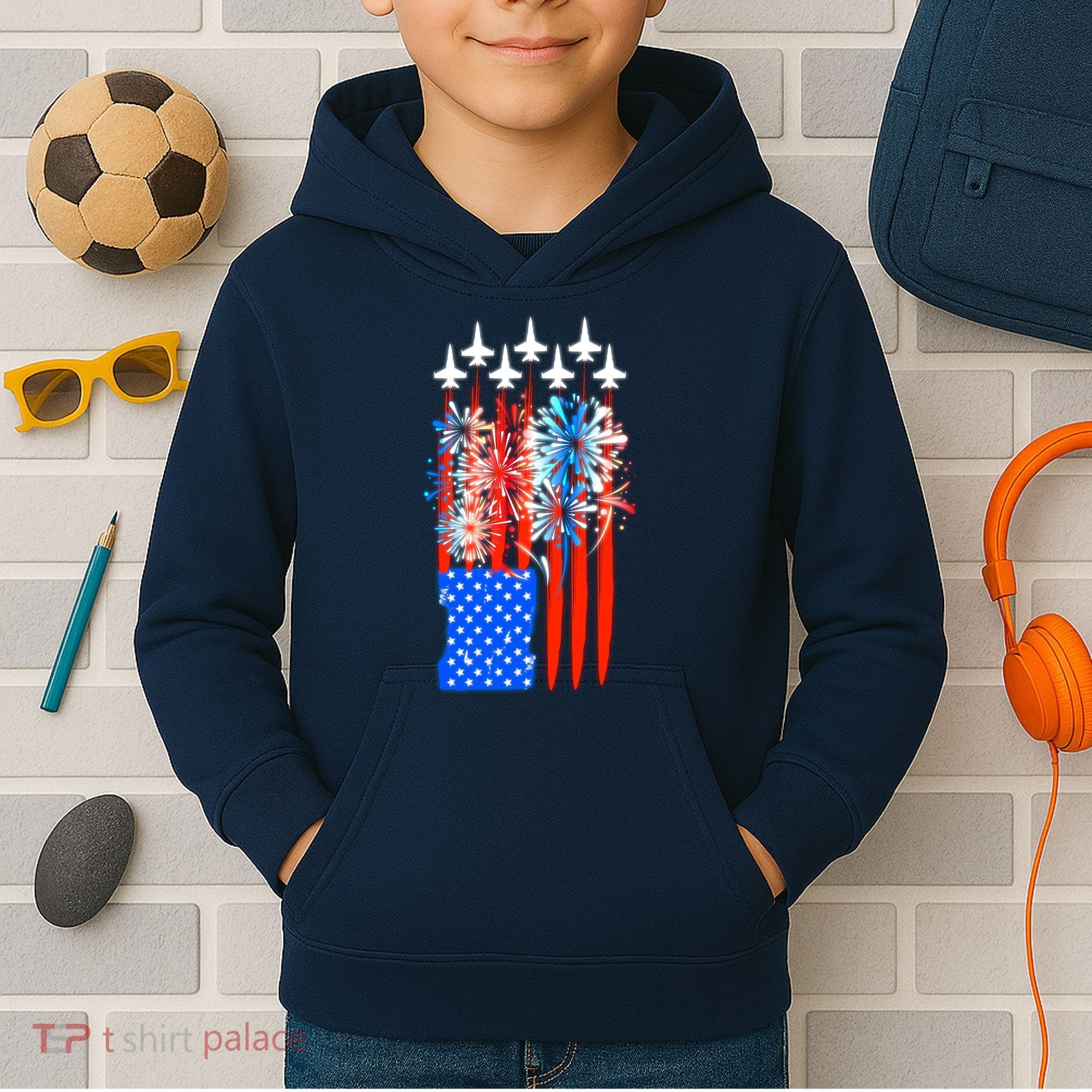 American Usa Flag Fireworks Fighter Jets Kids Hoodie