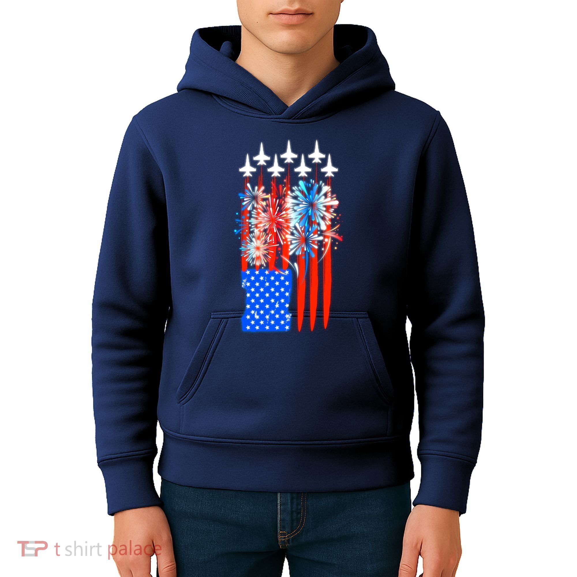 American Usa Flag Fireworks Fighter Jets Kids Hoodie