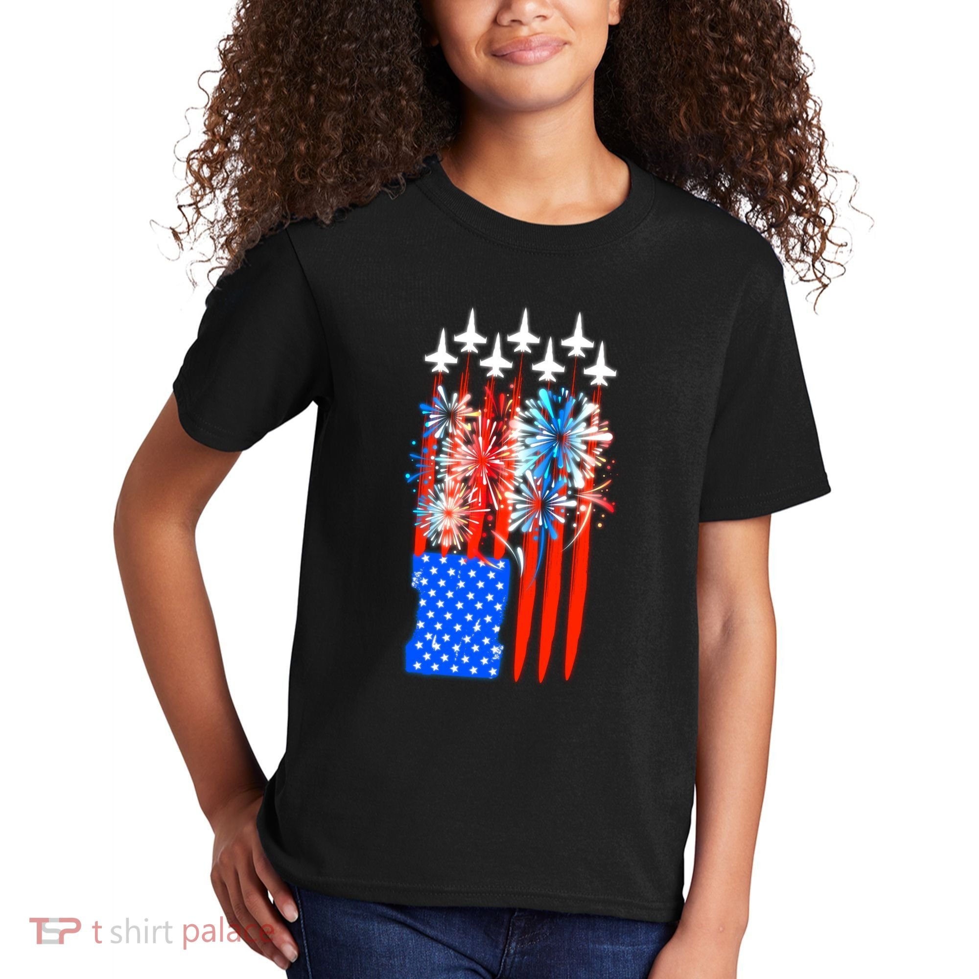 American Usa Flag Fireworks Fighter Jets Kids T-Shirt