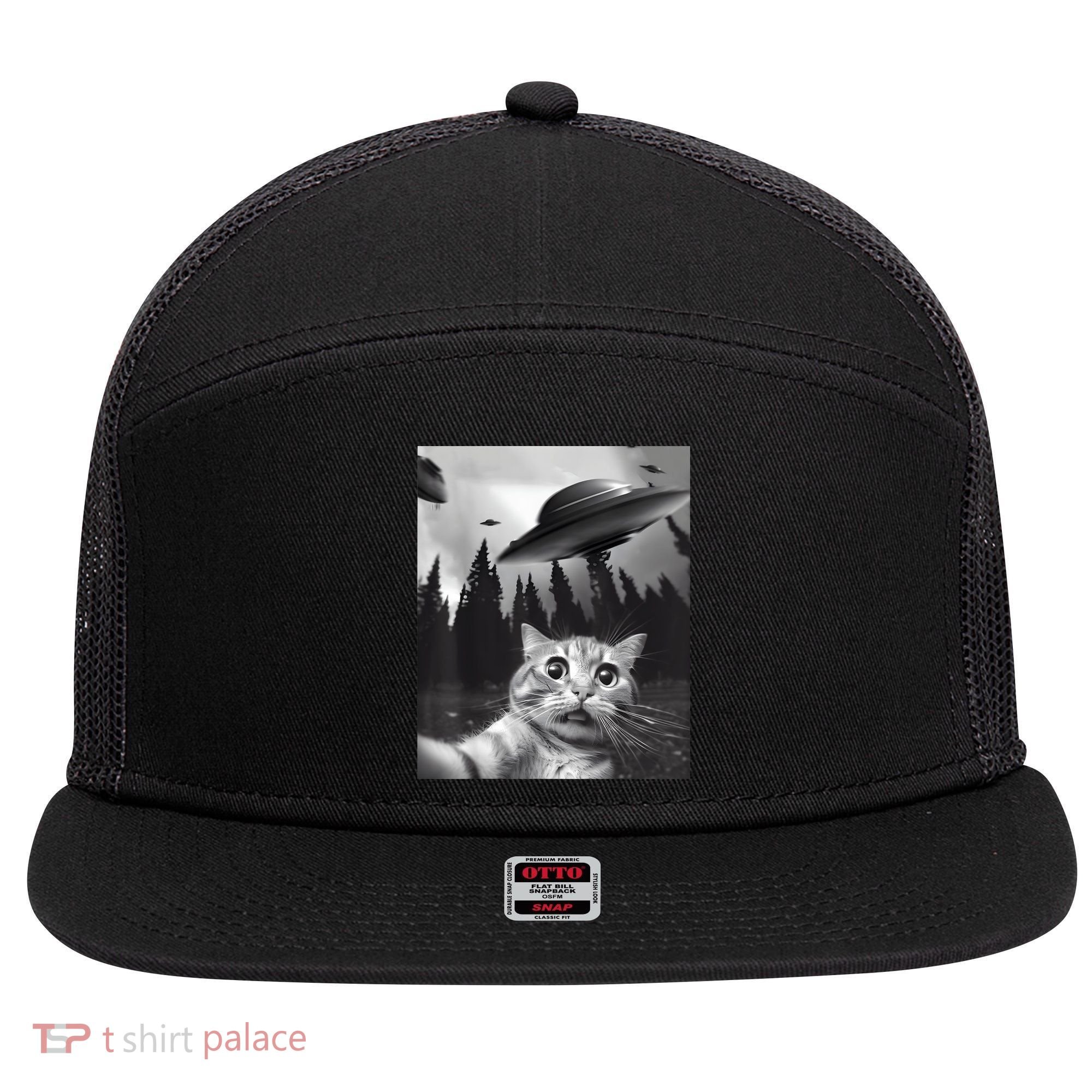 Alien UFO Funny Cat Selfie 7 Panel Mesh Trucker Snapback Hat