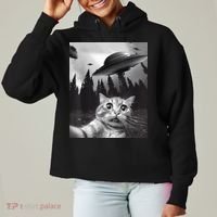 Alien UFO Funny Cat Selfie Ladies Heavyweight Boxy Pullover Hoodie thumb 0