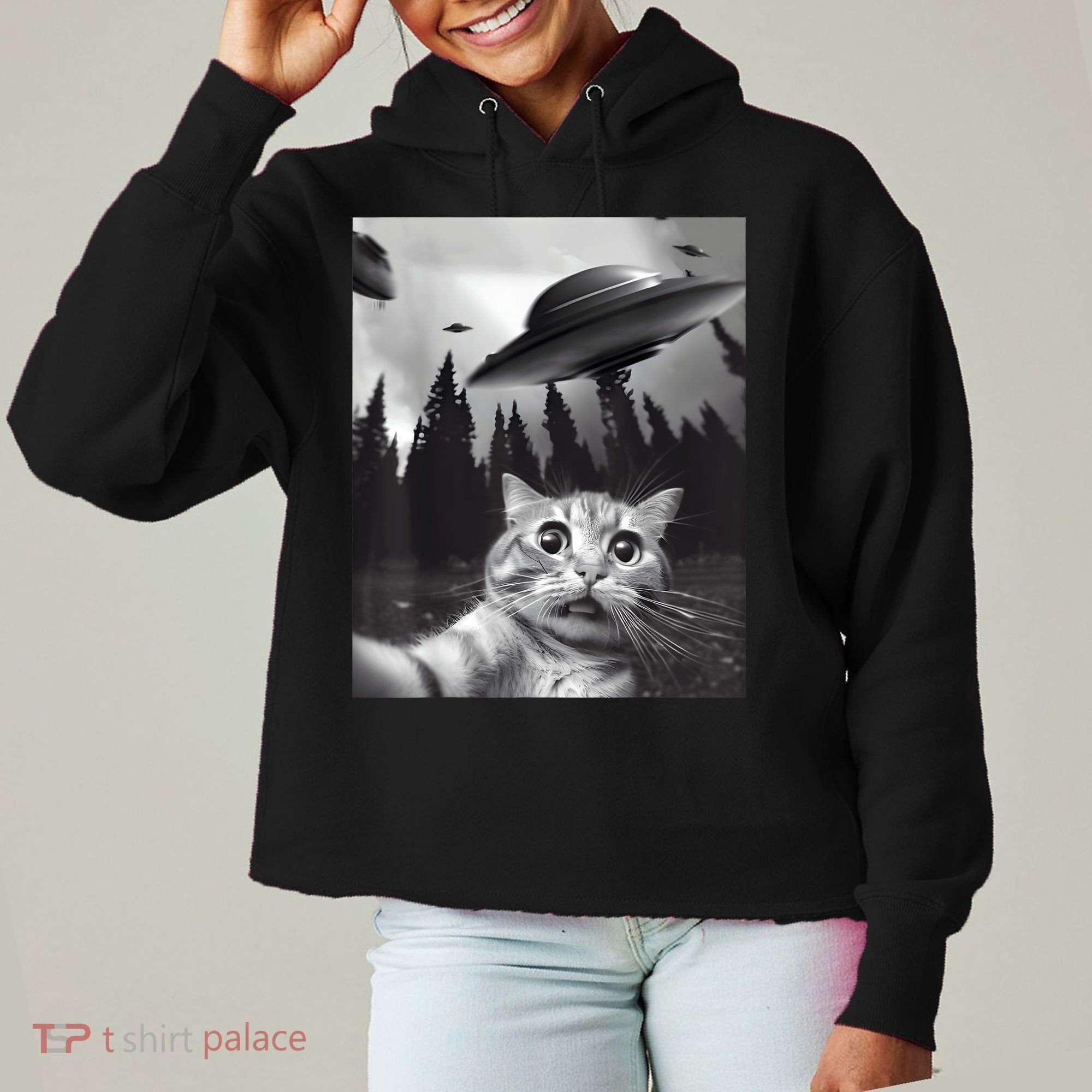 Alien UFO Funny Cat Selfie Ladies Heavyweight Boxy Pullover Hoodie