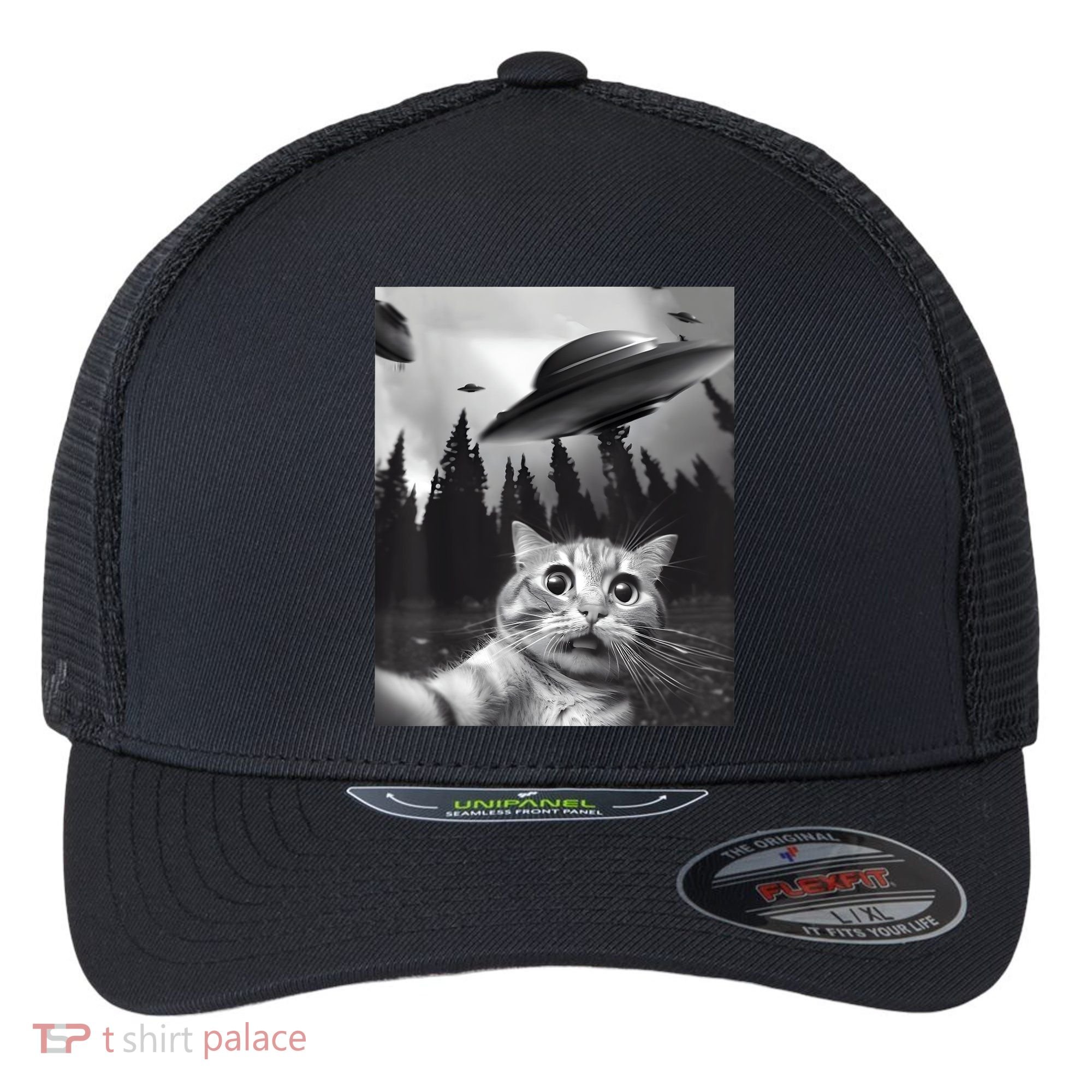 Alien UFO Funny Cat Selfie Flexfit Unipanel Trucker Cap