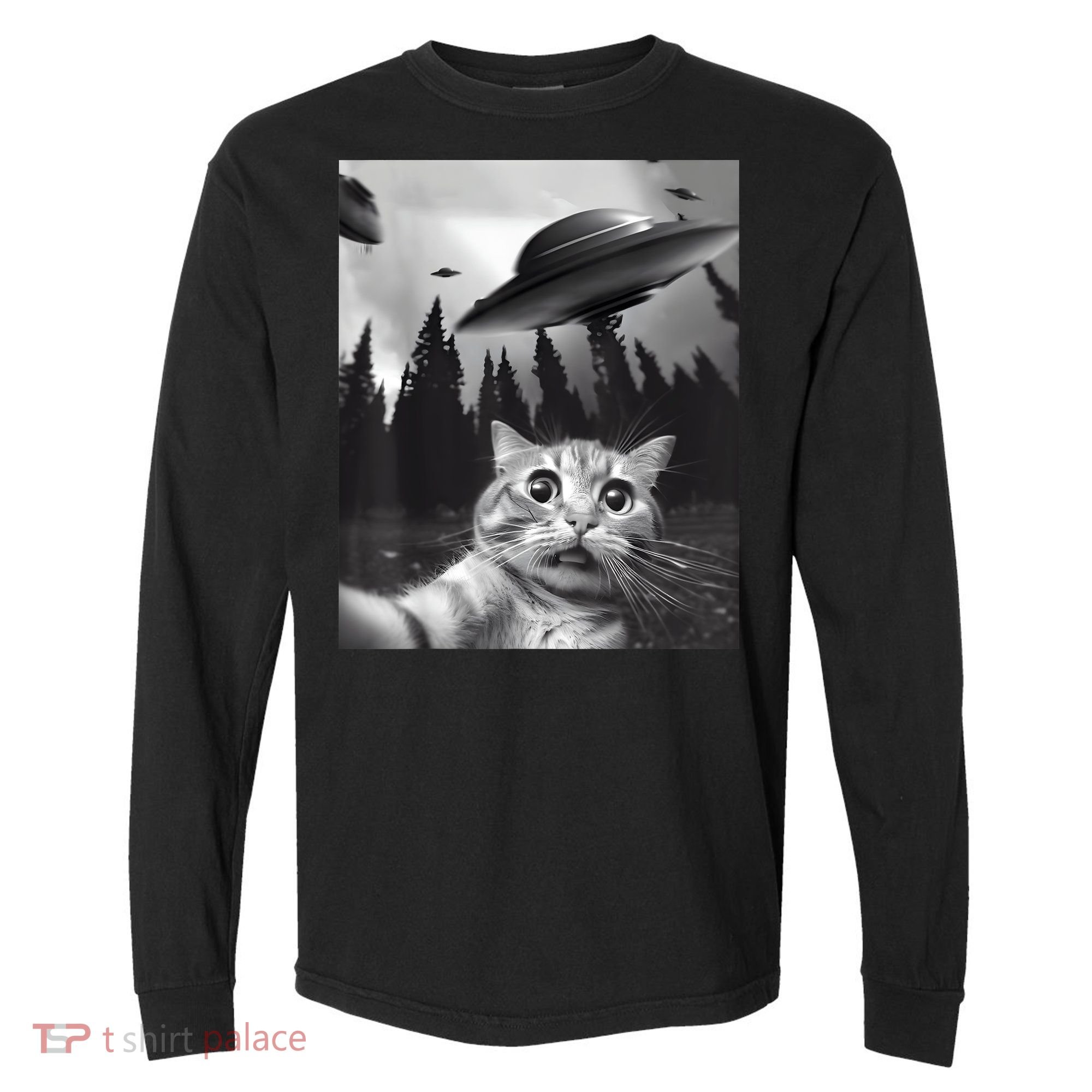 Alien UFO Funny Cat Selfie Comfort Colors Heavyweight Long Sleeve T-Shirt