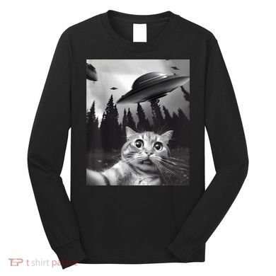 Alien UFO Funny Cat Selfie Long Sleeve Shirt