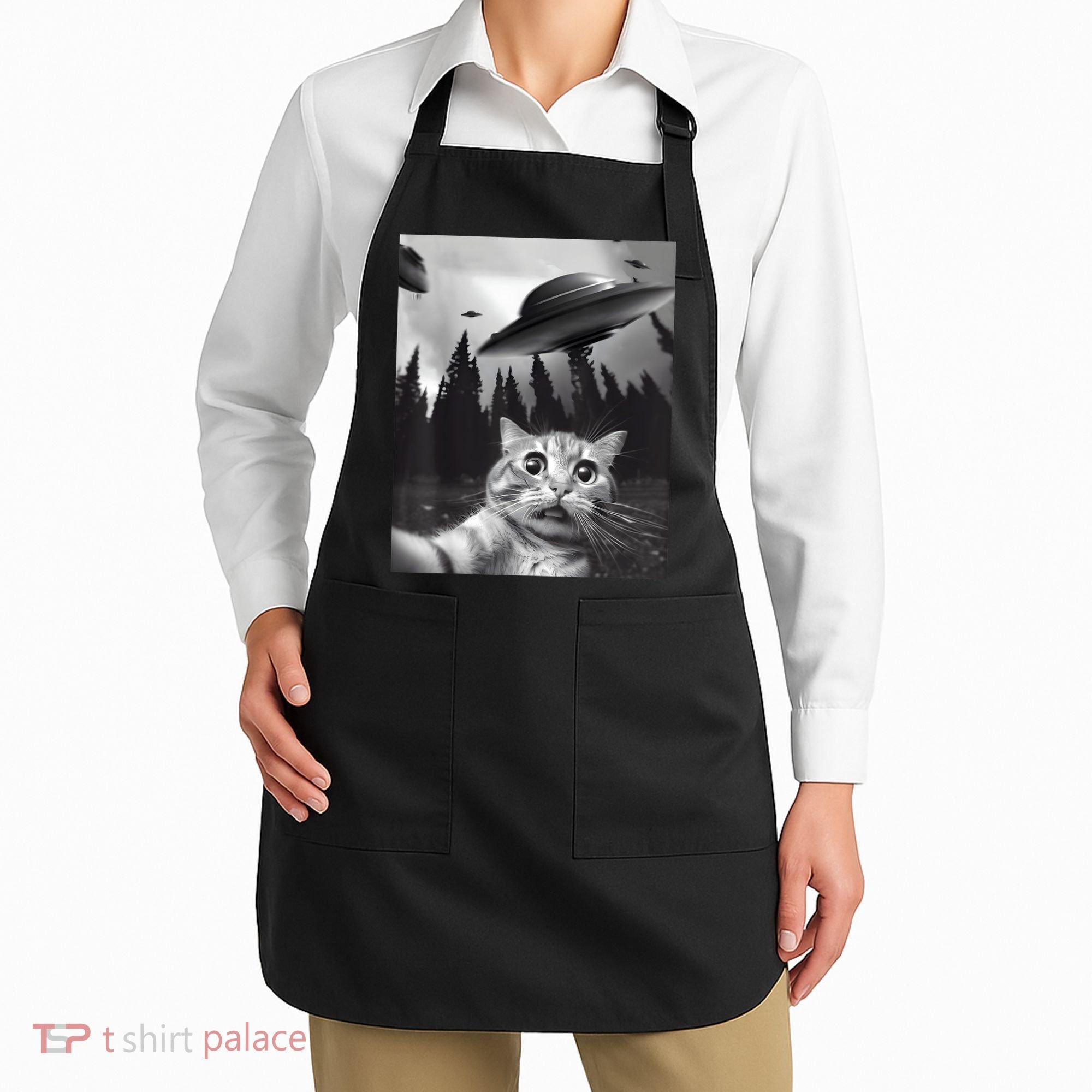 Alien UFO Funny Cat Selfie Apron