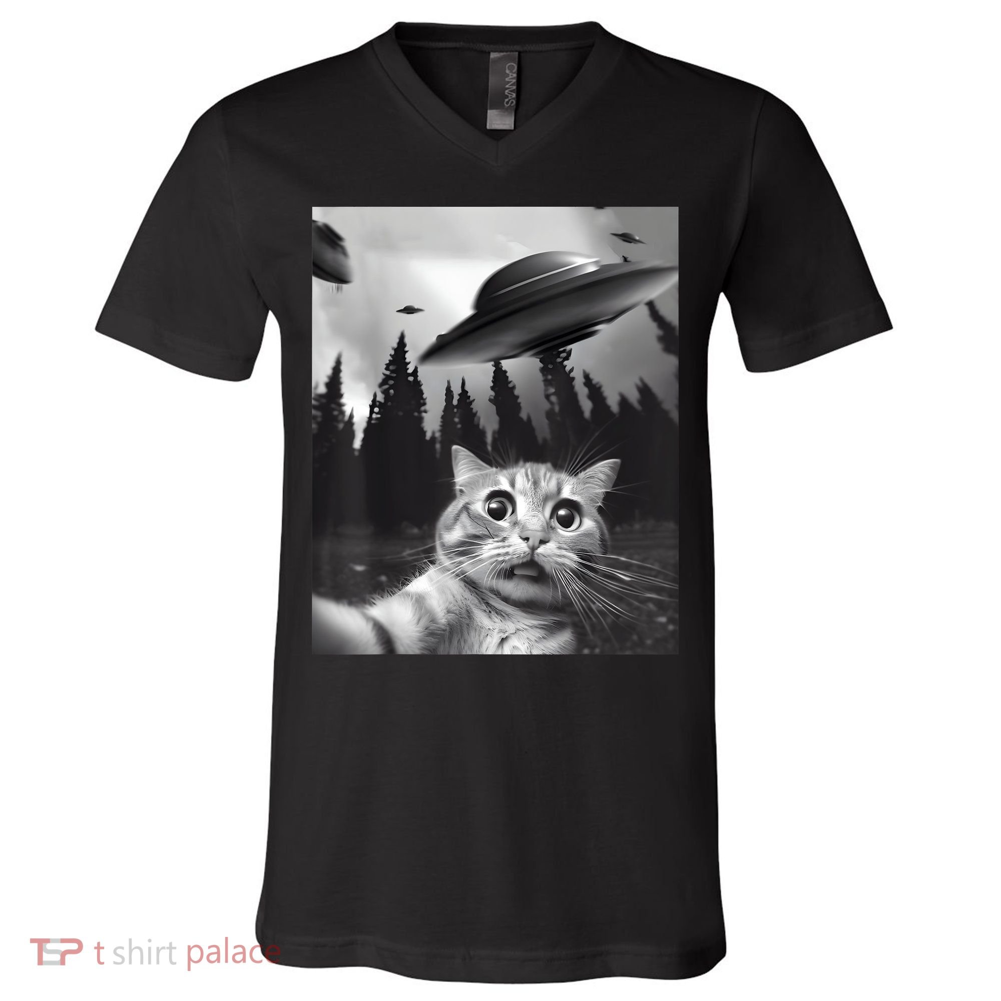 Alien UFO Funny Cat Selfie V-Neck T-Shirt