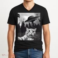 Alien UFO Funny Cat Selfie V-Neck T-Shirt thumb 2