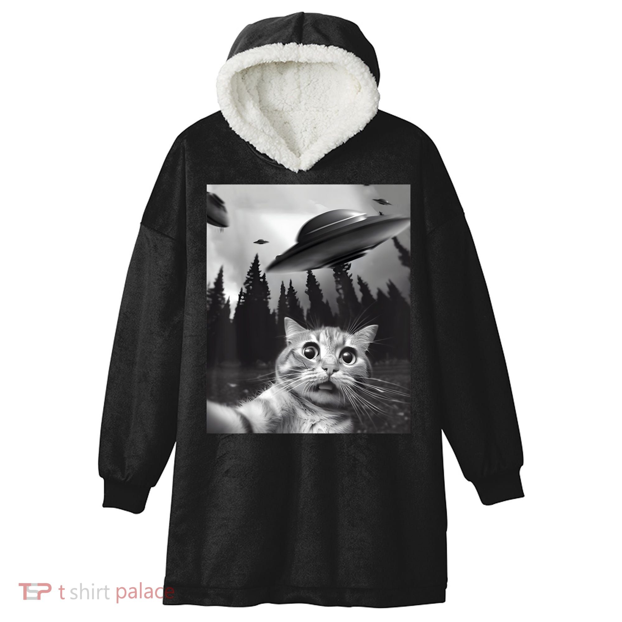 Alien UFO Funny Cat Selfie Hooded Wearable Blanket